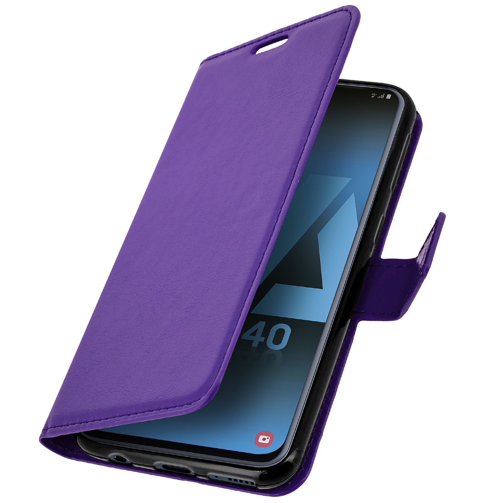 Een paarse telefoonhoes is open en onthult een telefoon met een blauw scherm.