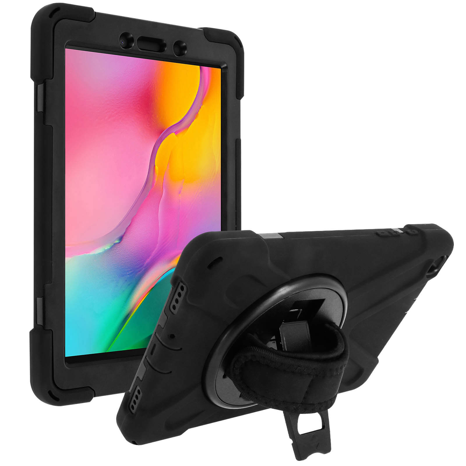 Schwarzes Tablet in einer Schutzhülle, mit Ständer und Handschlaufe auf der Rückseite. Der Bildschirm ist sichtbar.