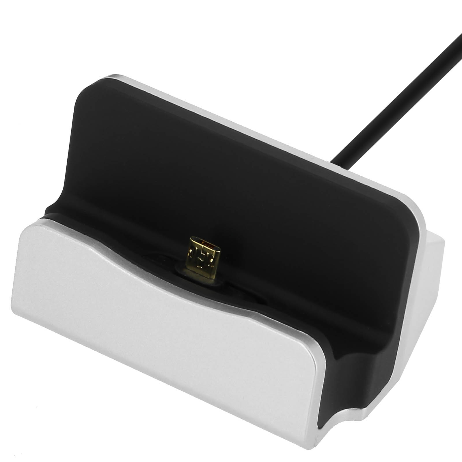 Una docking station bianca e nera con una porta di ricarica.