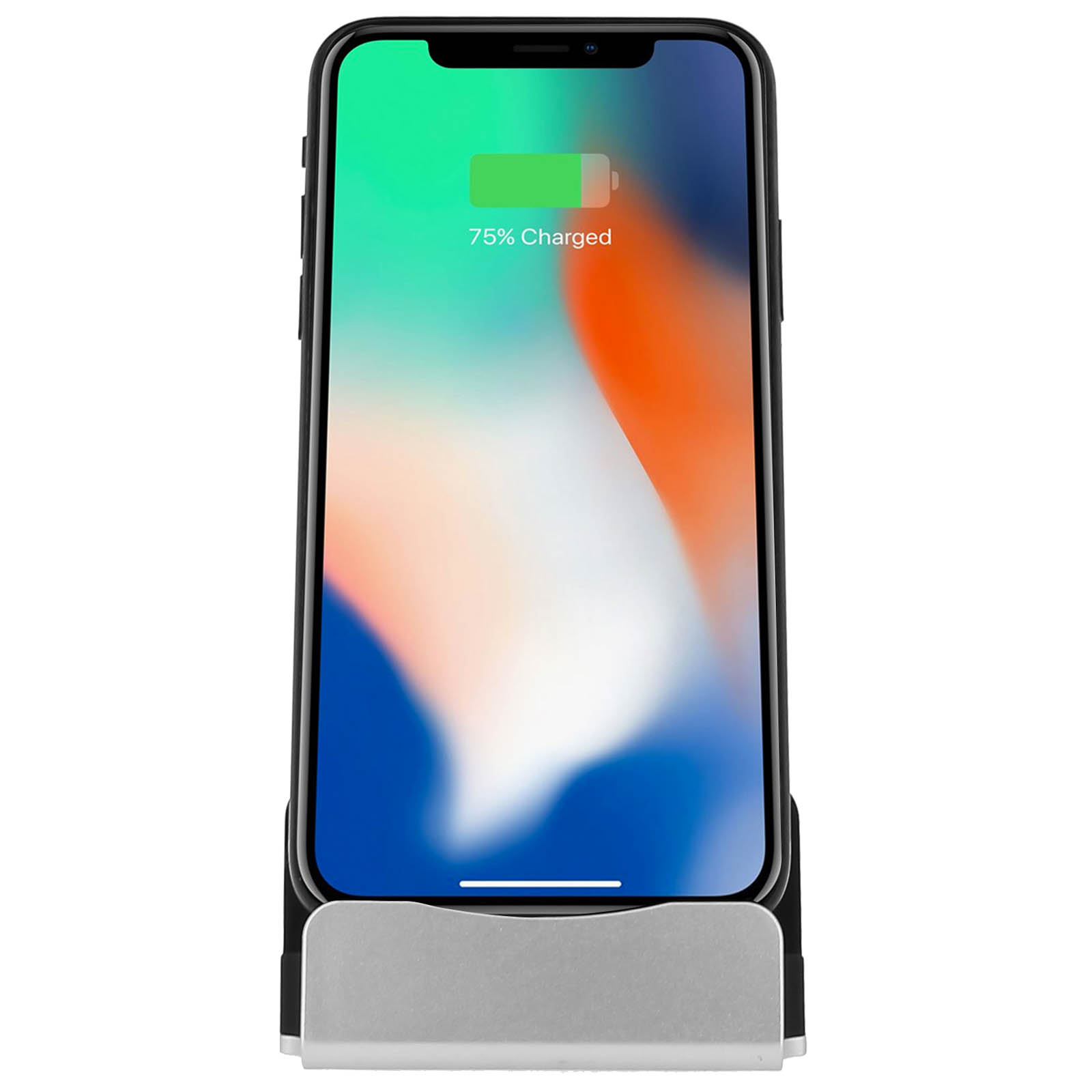 Ein Telefon wird auf einem Ständer aufgeladen. Der Bildschirm zeigt 75% geladen an.