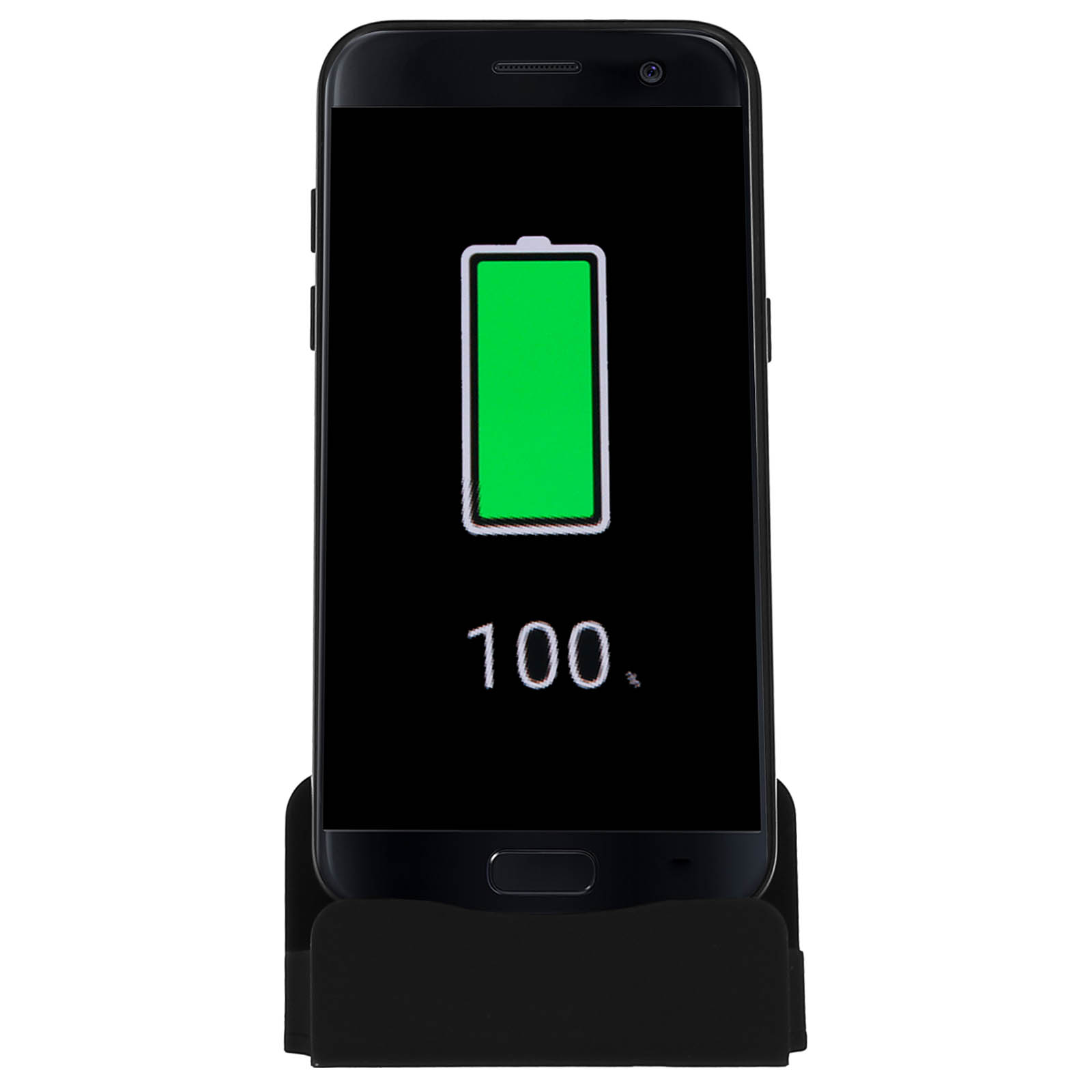 Telefono nero su base di ricarica, con indicatore di batteria carica e numero 100.