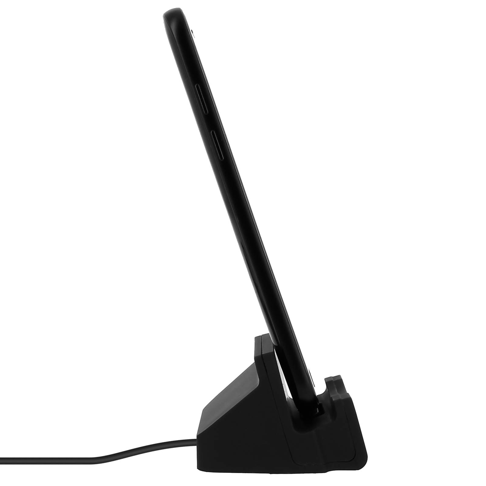 Telefono nero su un supporto nero. Il cavo è collegato al supporto.