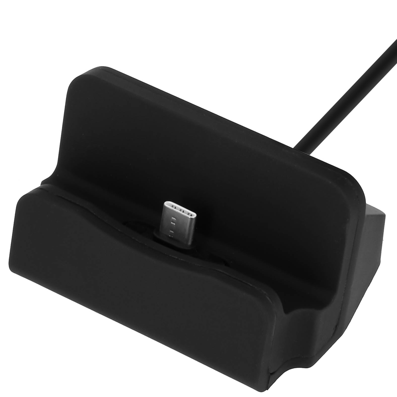 Base di ricarica per telefono nera con connettore USB-C. La base è su una superficie bianca.