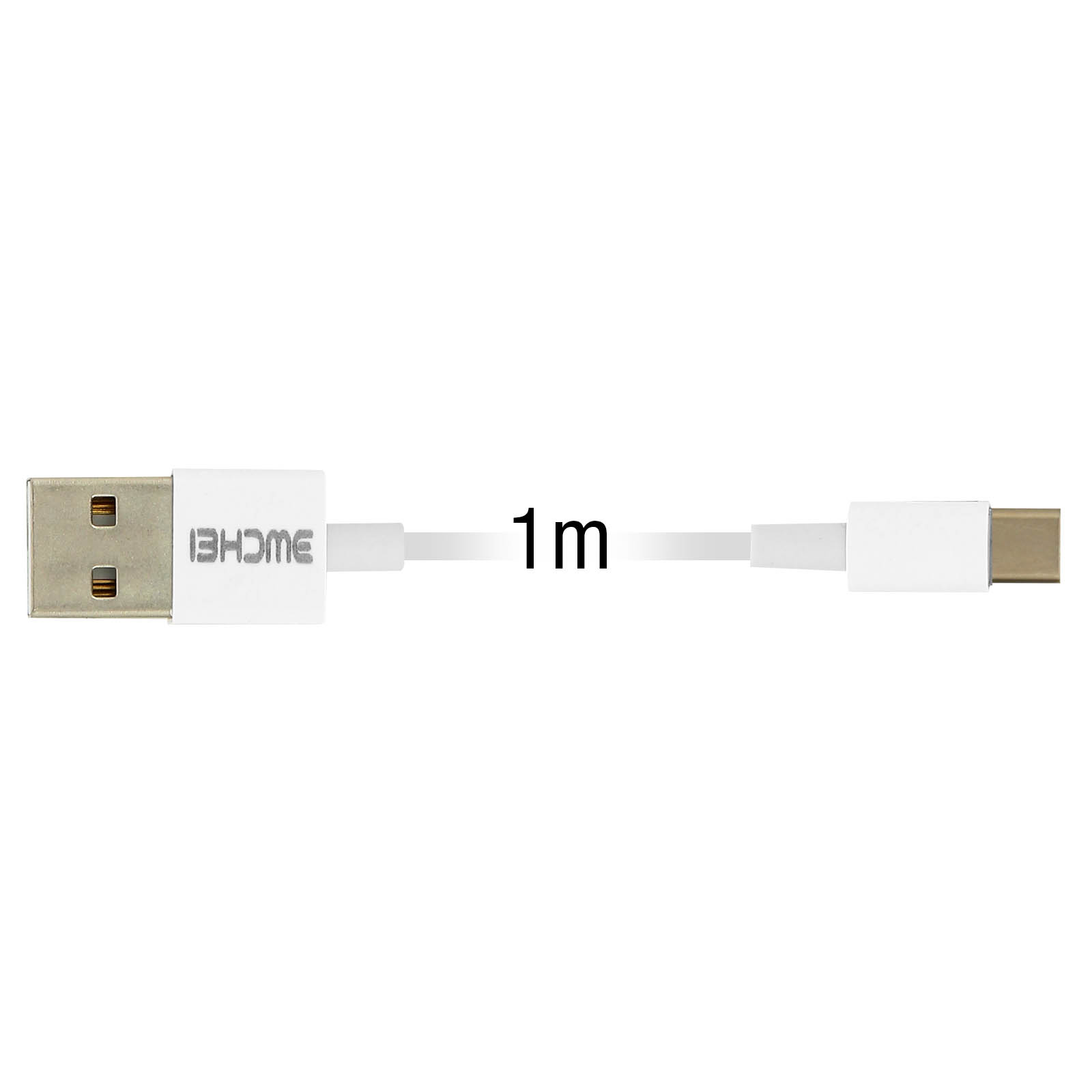 Weißes USB-C-Kabel mit 1m Text. Weißer Hintergrund.