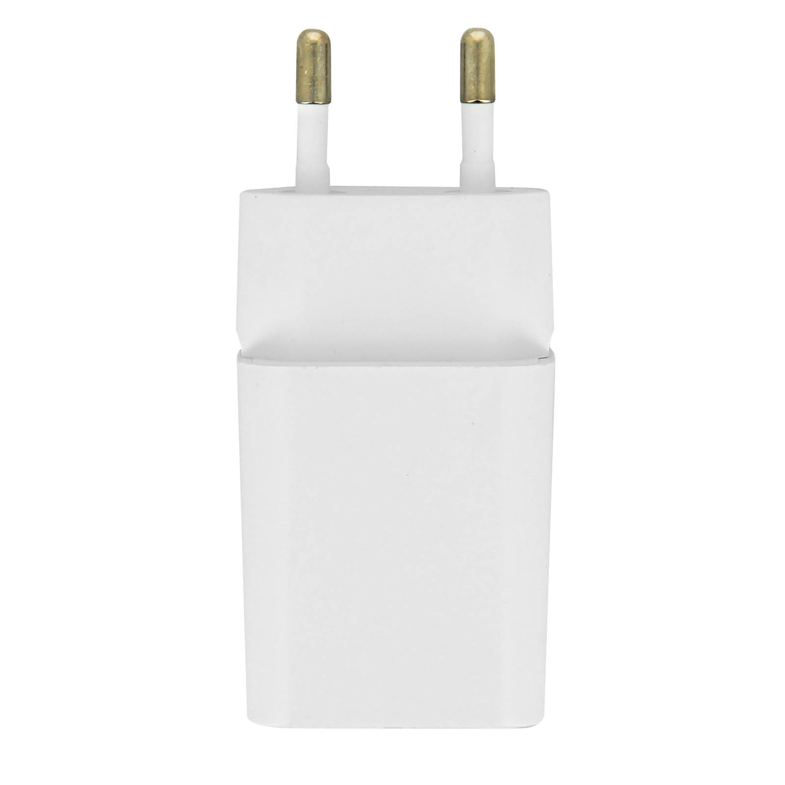 Caricabatterie per telefono bianco con spine dorate. Lo sfondo è bianco.