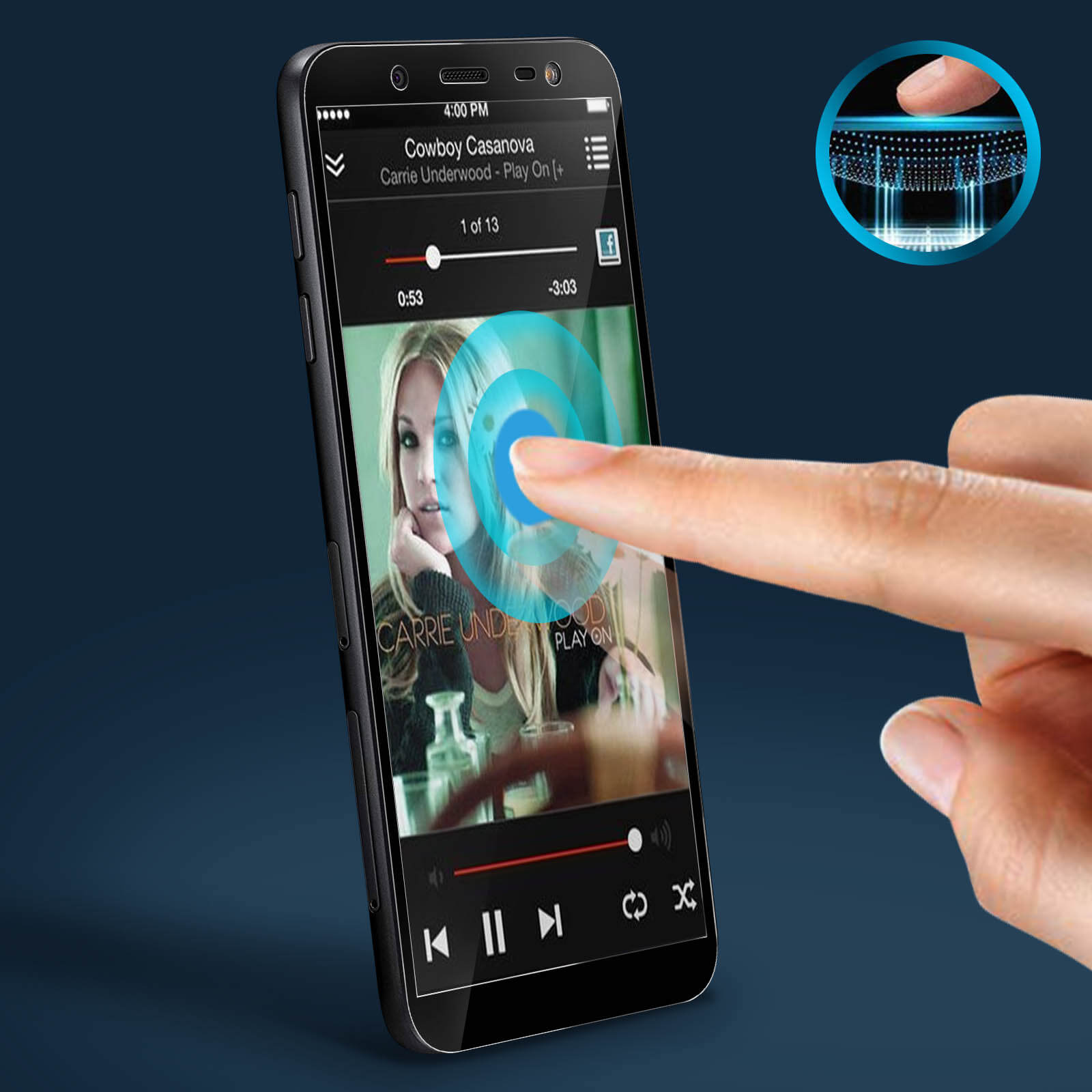 Una mano tocca lo schermo di un telefono che riproduce la canzone di Carrie Underwood, con un dito sopra un cerchio blu.