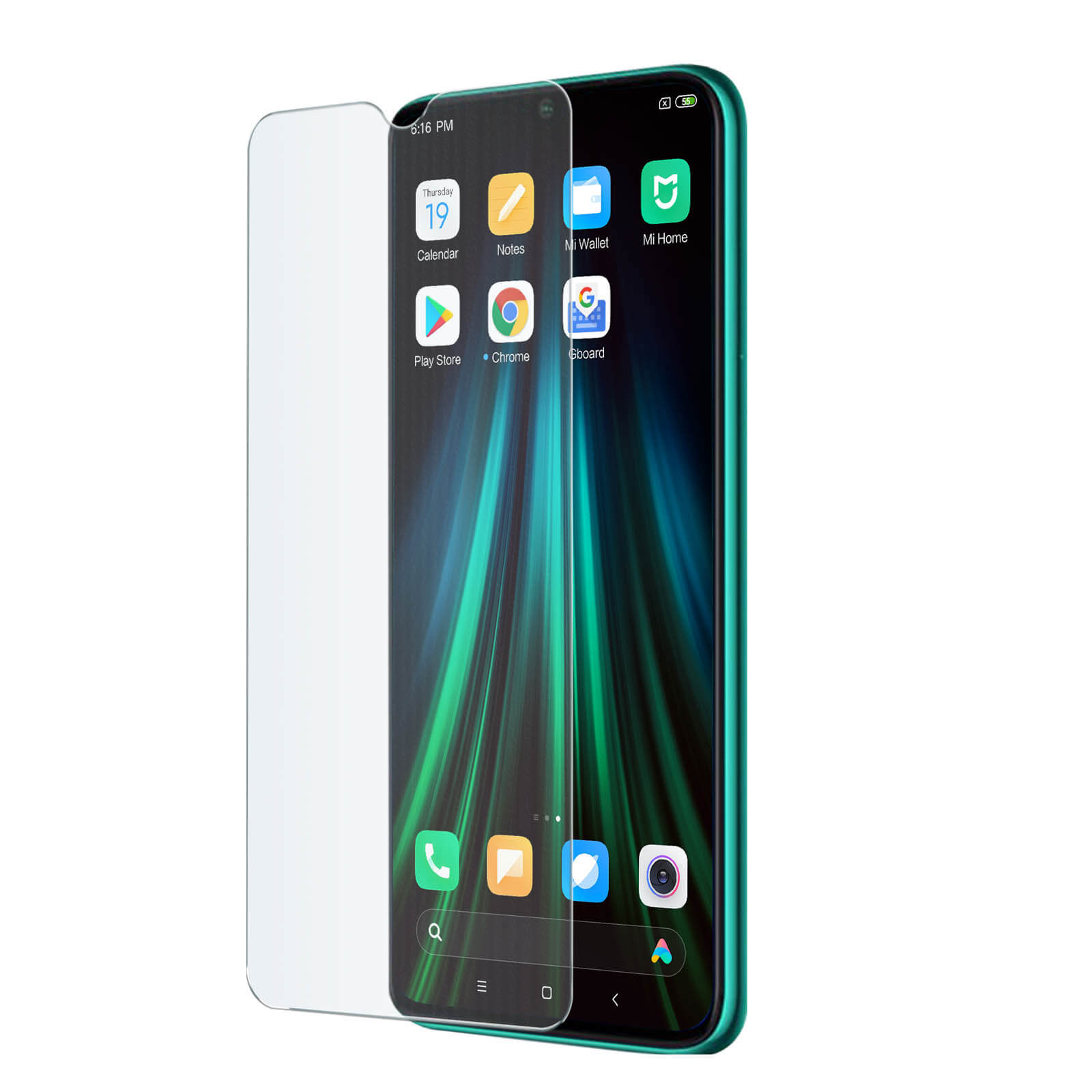 Telefono verde con protezione schermo. Lo schermo mostra le icone delle app. Il telefono è verde.