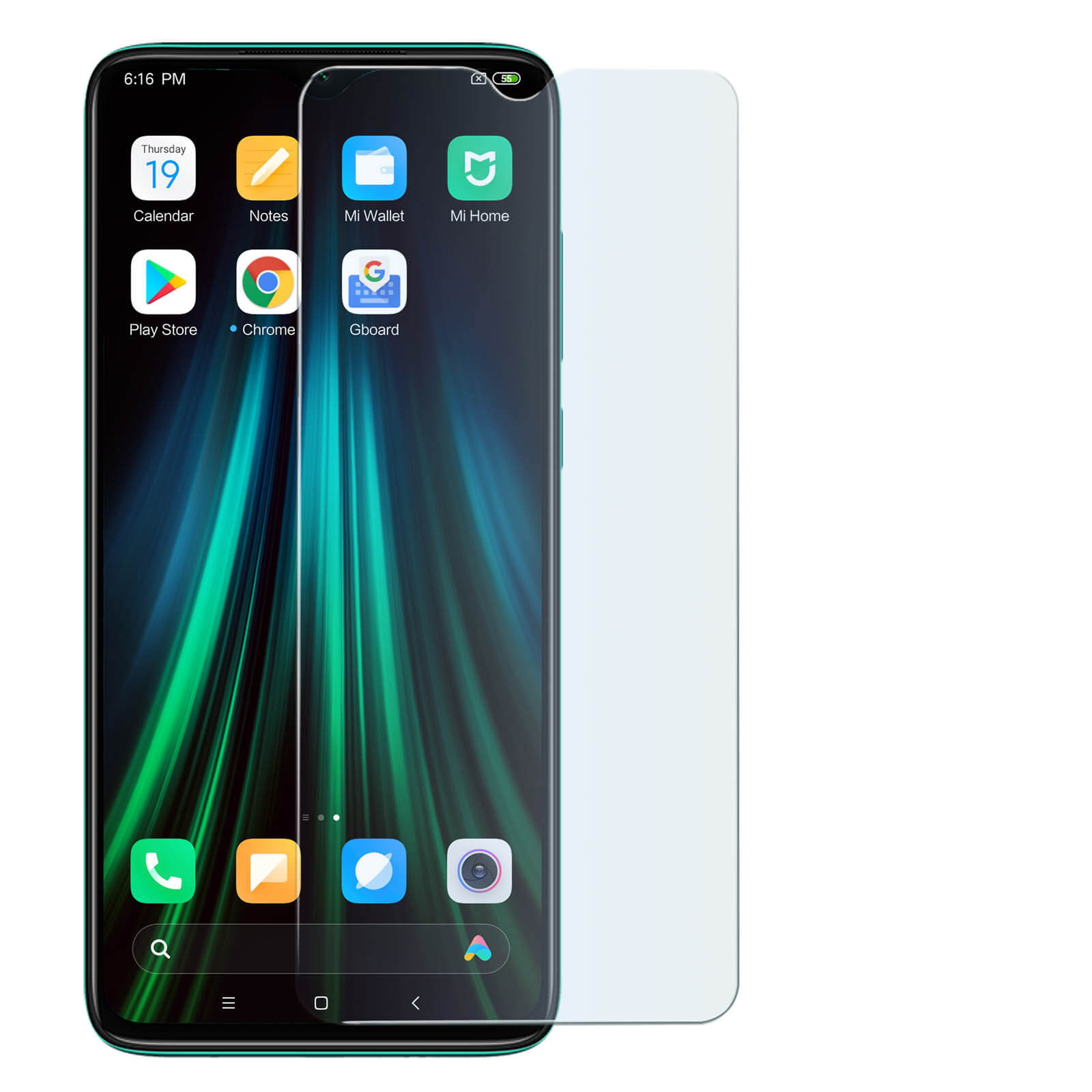 Un telefono con una protezione per lo schermo. Il telefono è acceso, mostrando icone delle app. La protezione viene posizionata sullo schermo.