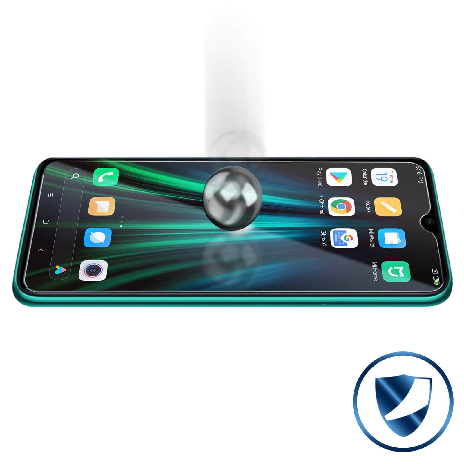Un telefono con cornice verde, icone e protezione schermo. Una sfera d'argento sembra cadervi sopra.