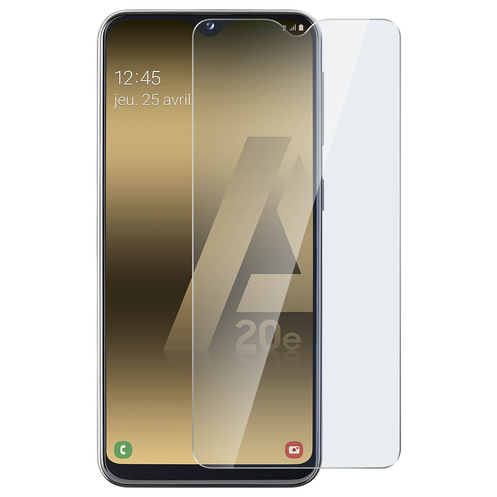 Téléphone avec protecteur d'écran. Le téléphone est noir. Le protecteur est transparent.
