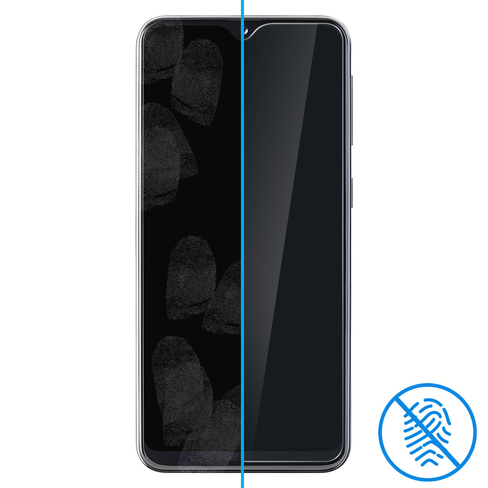 Telefoonscherm verdeeld, linkerkant met vingerafdrukken, rechterkant schoon. Blauw vingerafdrukpictogram.