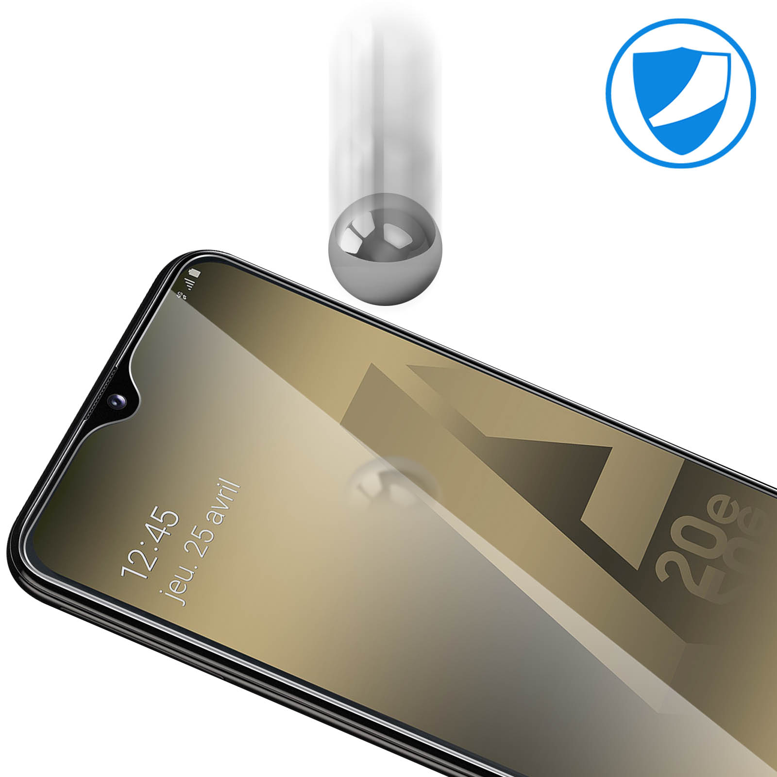Telefoon met schermbeschermer en bal erboven. Scherm toont datum en graphics. Schildpictogram in de hoek.
