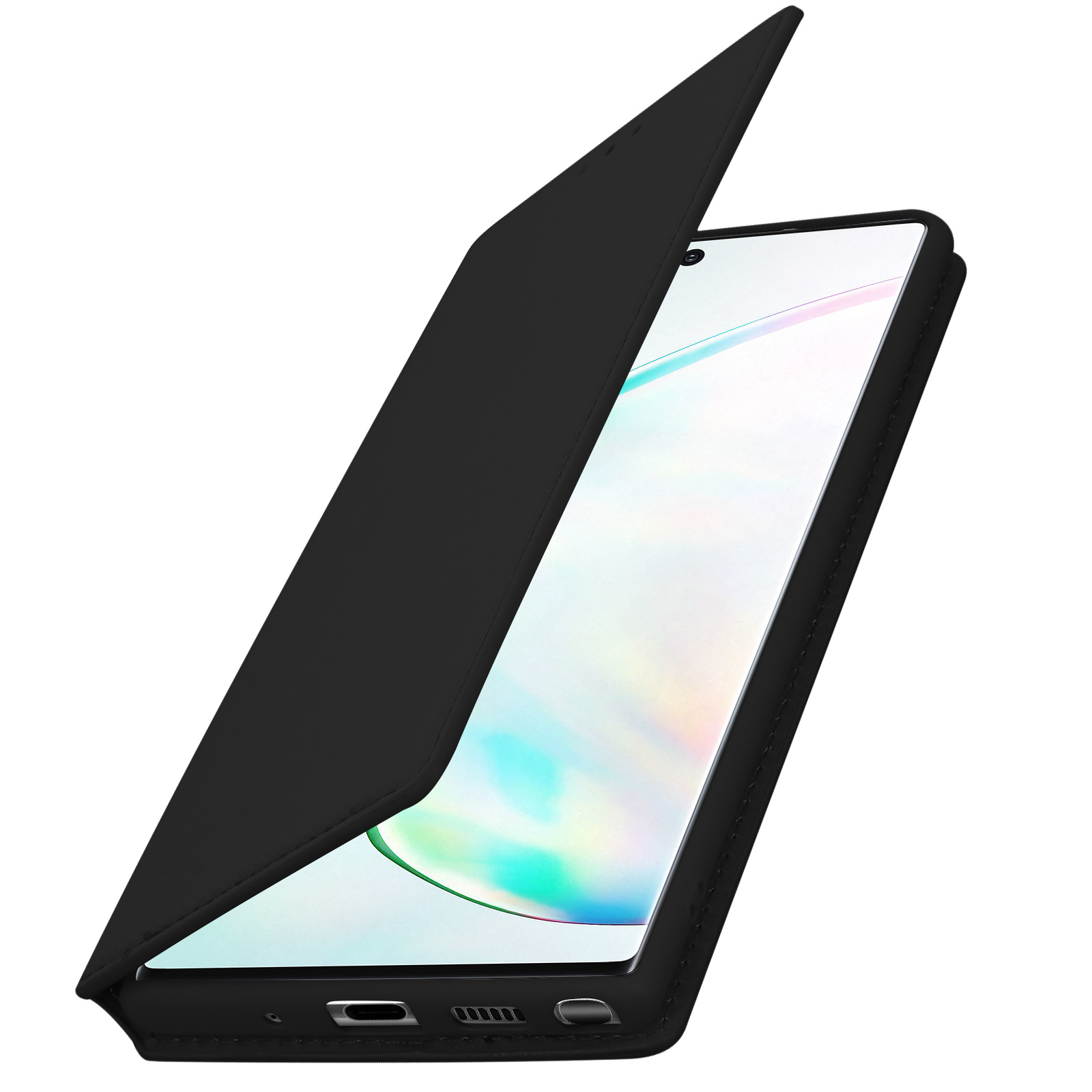 Een zwarte telefoonhoes, open, met een telefoon erin, met een wit scherm.
