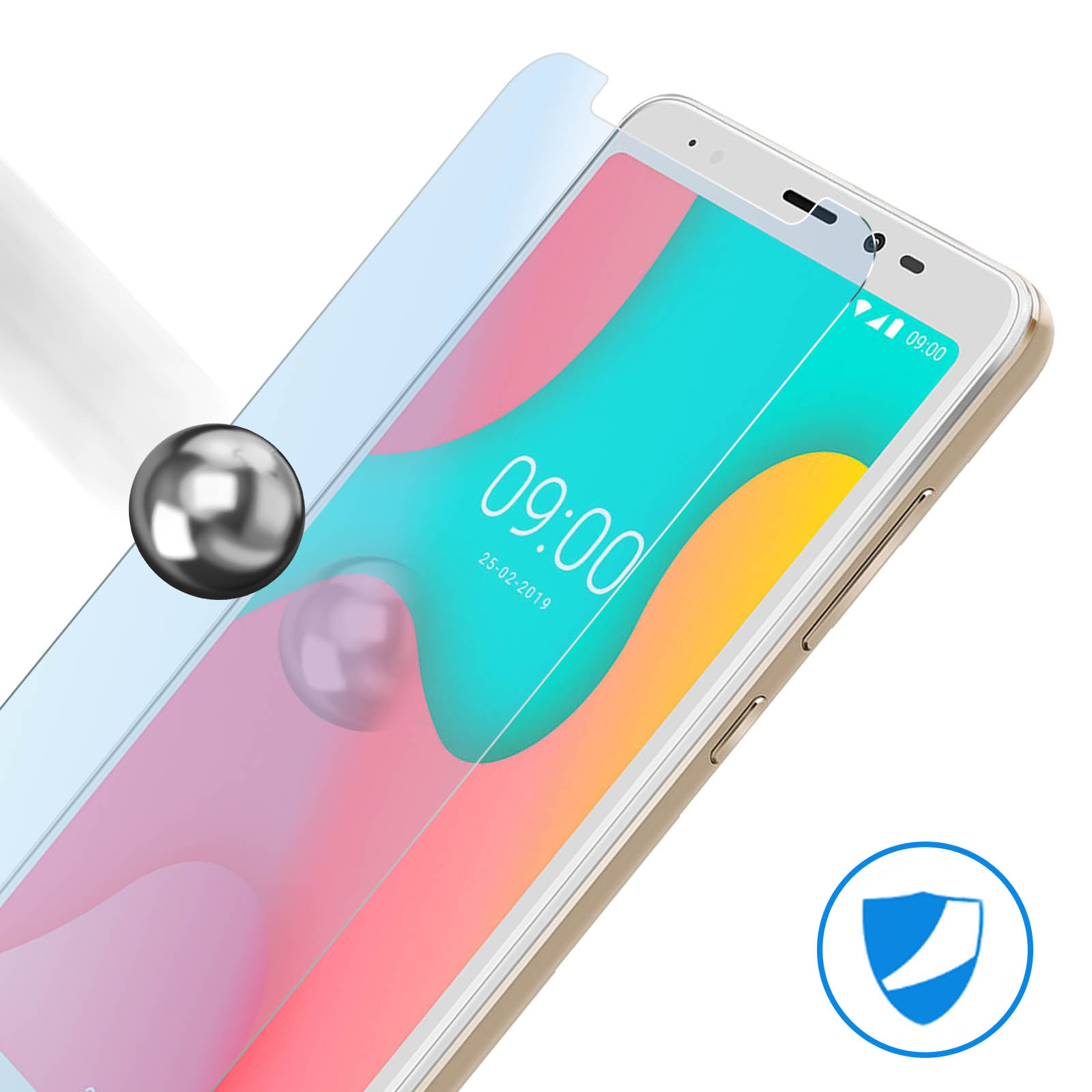 Uno schermo del telefono con una pellicola protettiva applicata. L'ora è visualizzata sullo schermo.