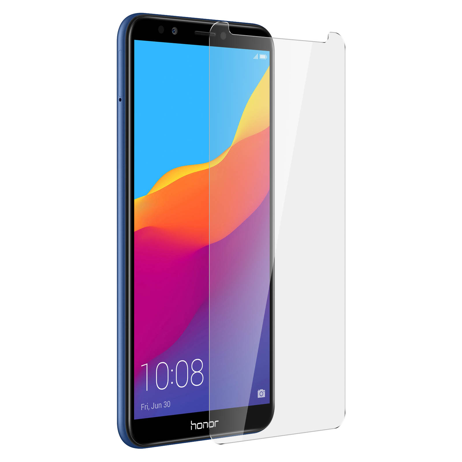 Un telefono blu con un proteggi schermo in fase di applicazione. Il telefono è blu e ha un notch per la fotocamera anteriore.