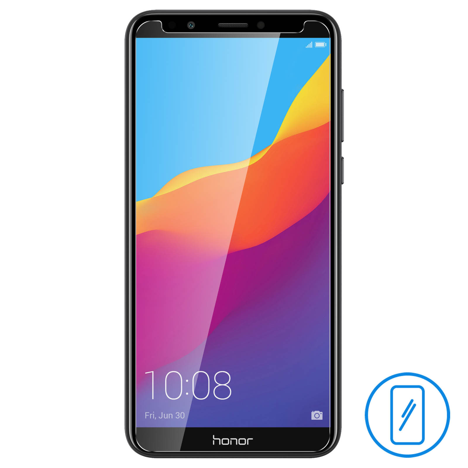 Smartphone nero con schermo colorato. Lo schermo mostra blu, giallo e arancione.