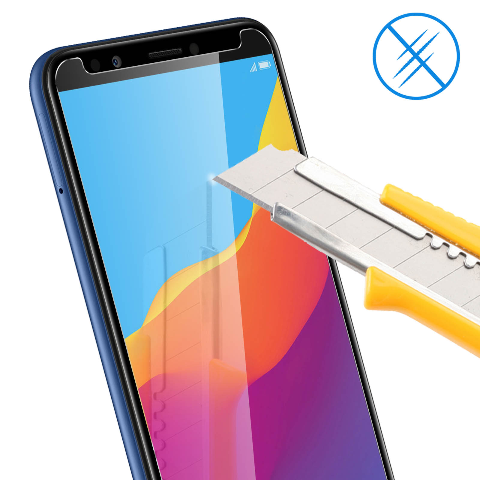Uno schermo del telefono viene testato con un taglierino. Un telefono blu con un vetro protettivo.