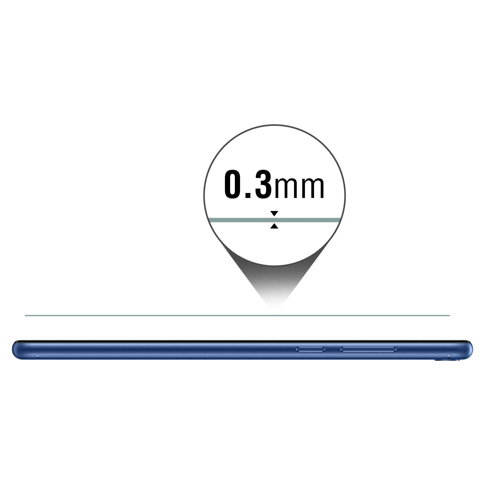 Viene mostrato un telefono blu con la scritta "0,3 mm" che indica lo spessore del telefono.