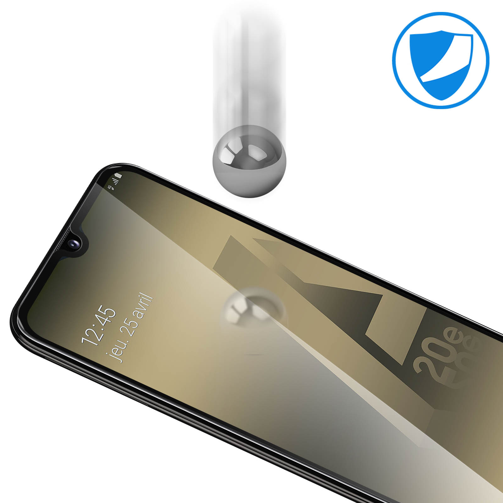 Téléphone avec protecteur d'écran. Une boule métallique flotte au-dessus de l'écran.