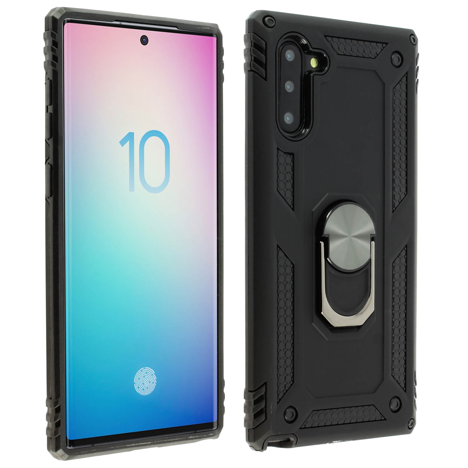 Una custodia per telefono con un anello nero. Il telefono è nella custodia. La custodia è nera.
