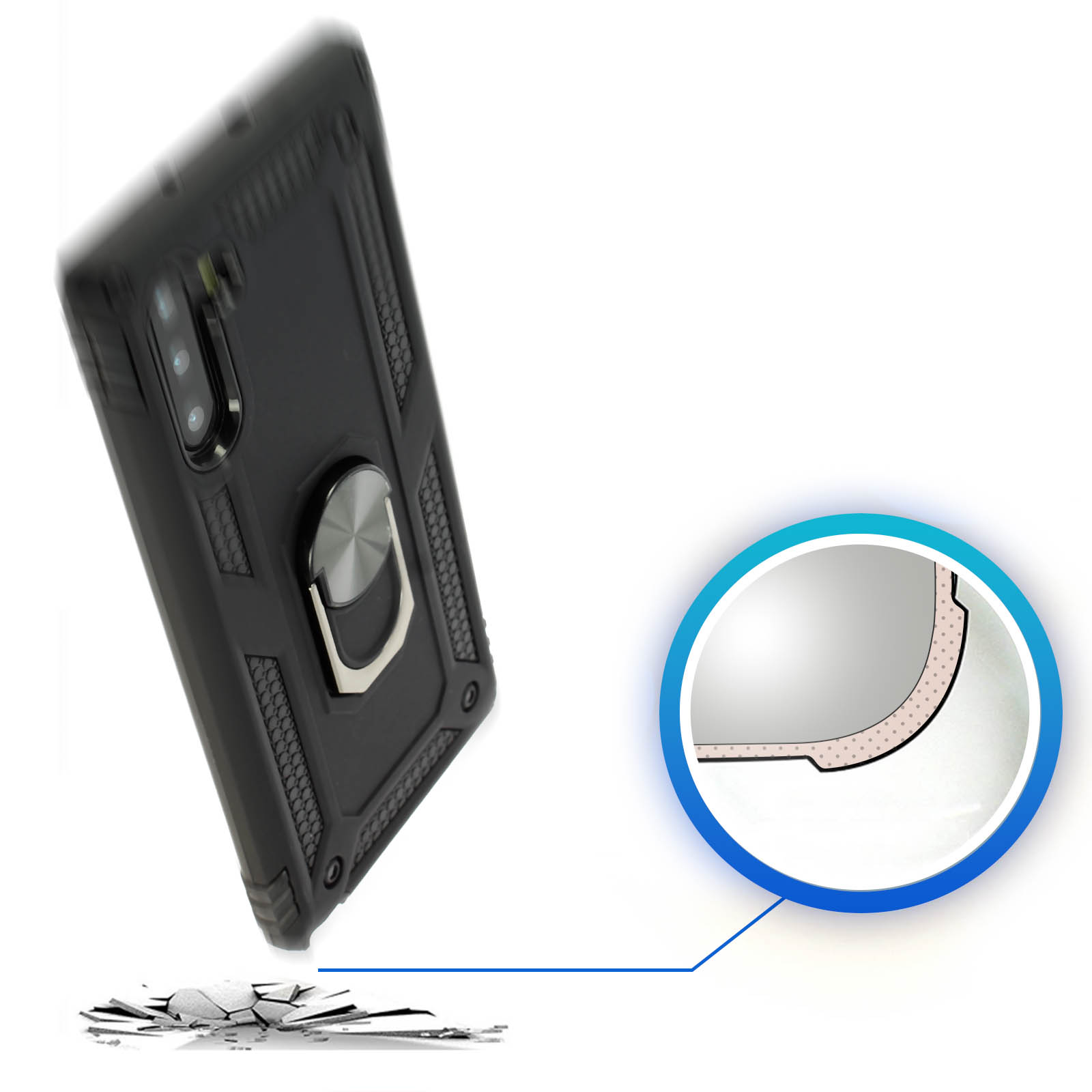Custodia nera per telefono con anello di supporto, apparentemente in caduta, con vetro rotto sotto.