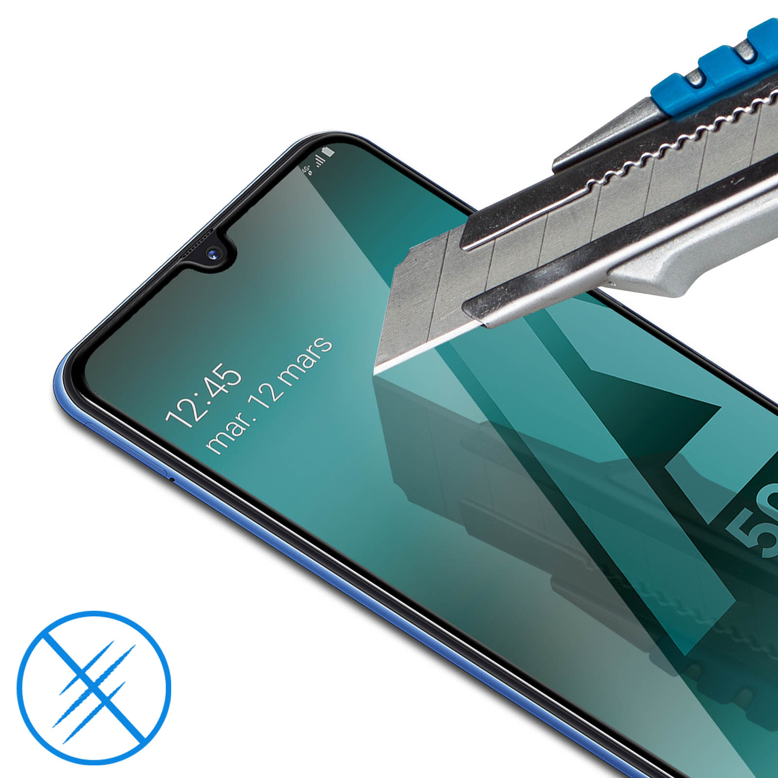 Uno schermo del telefono tagliato da una lama, schermo blu con testo e icona graffio.