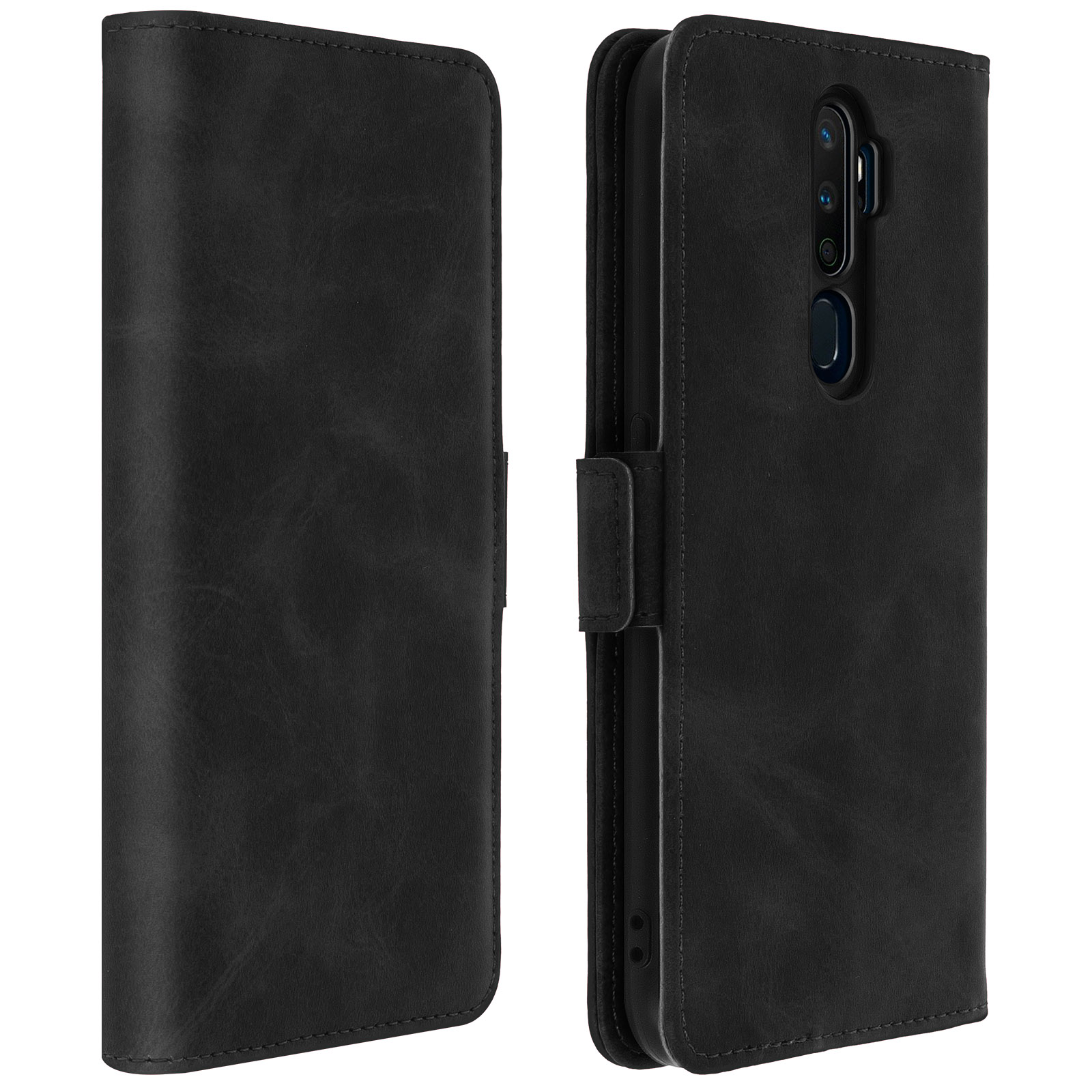 Custodia in pelle nera per telefono aperta. Mostra la fotocamera del telefono e il bottone di chiusura.
