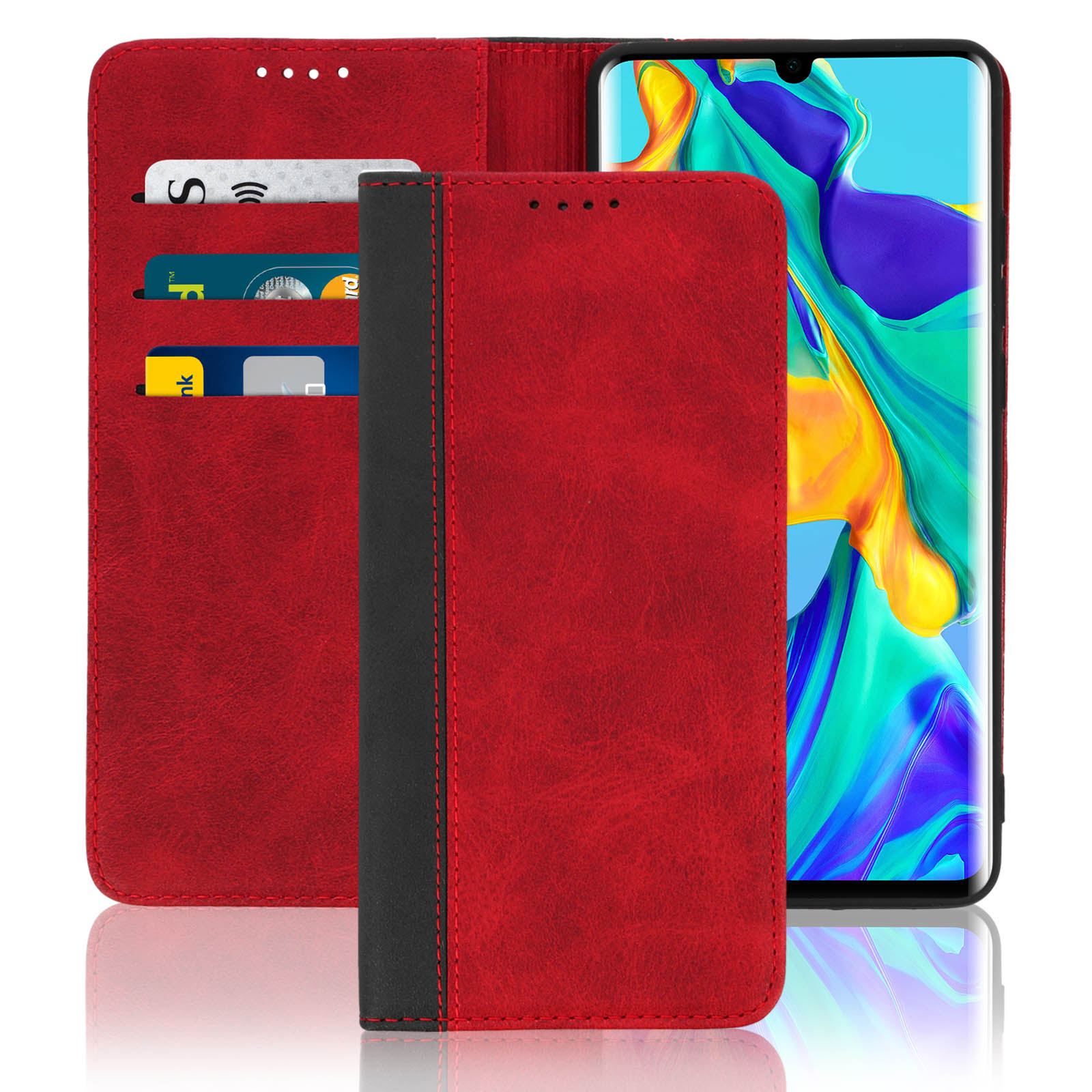 Custodia per telefono rossa e nera, aperta. Telefono all'interno della custodia. Carte di credito nelle fessure.