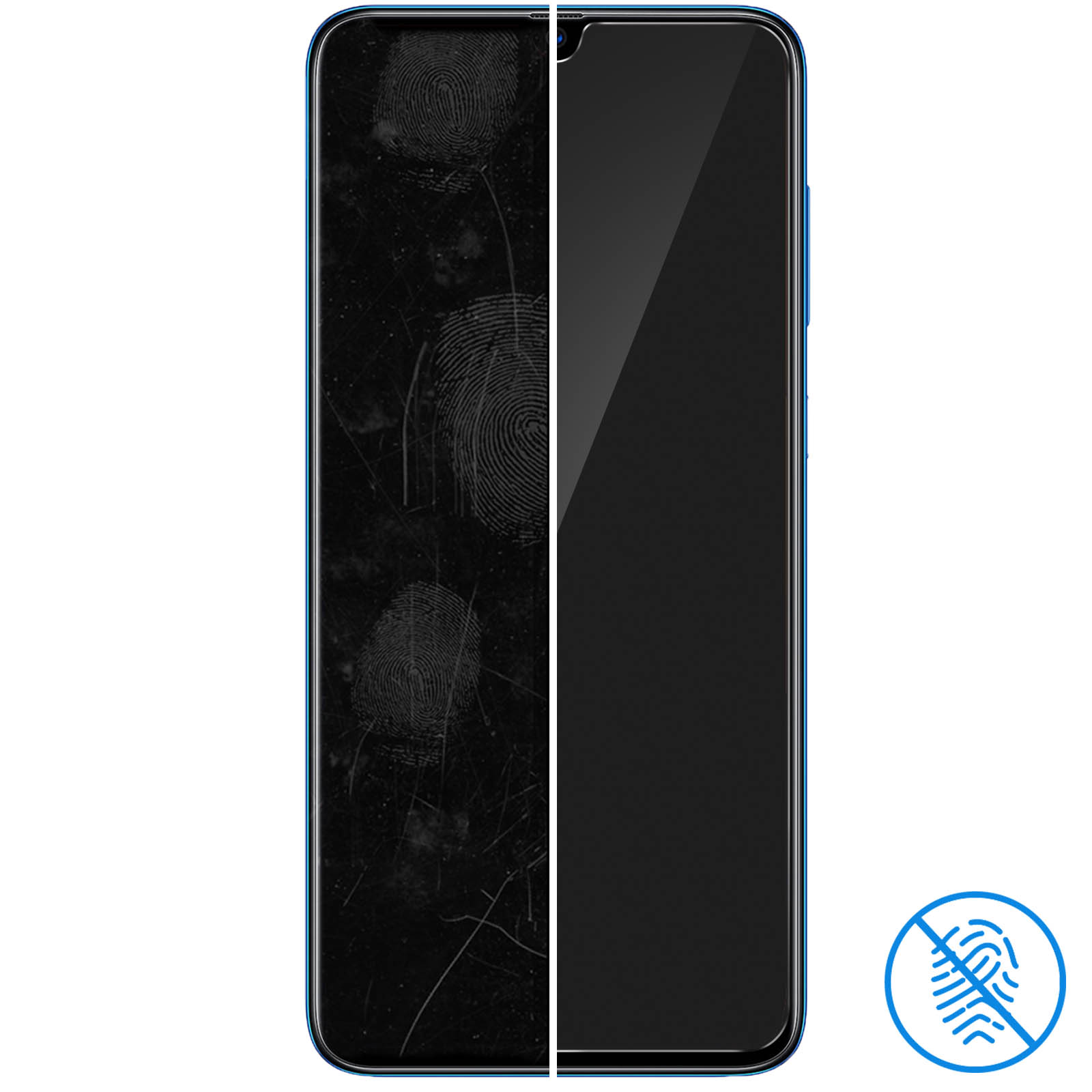 Telefoonscherm verdeeld; links vies met vingerafdrukken, rechts schoon. Anti-vingerafdruk-symbool.