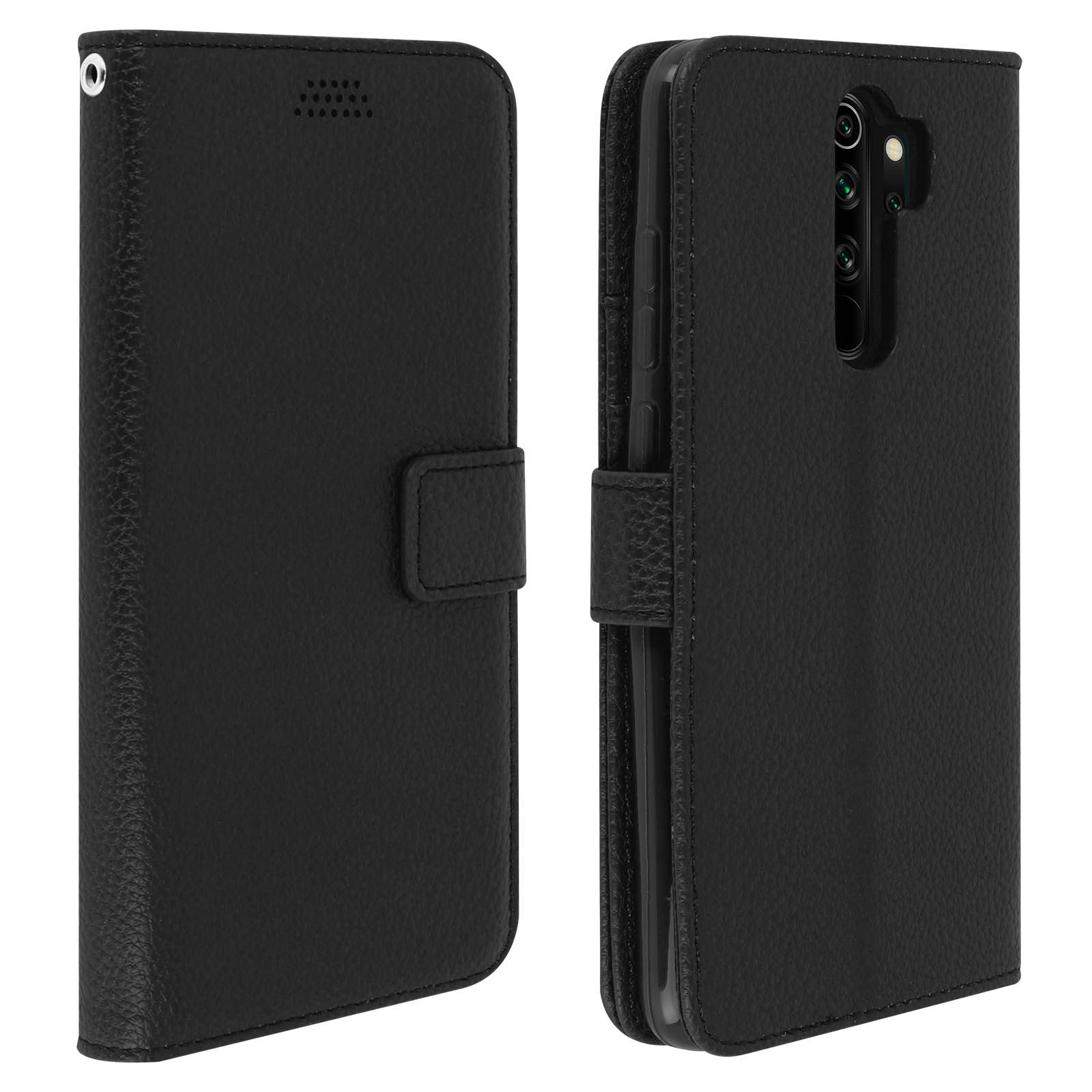 Étui de téléphone en cuir noir ouvert et fermé. Dispose d'une fermeture à bouton et d'évidements pour la caméra.