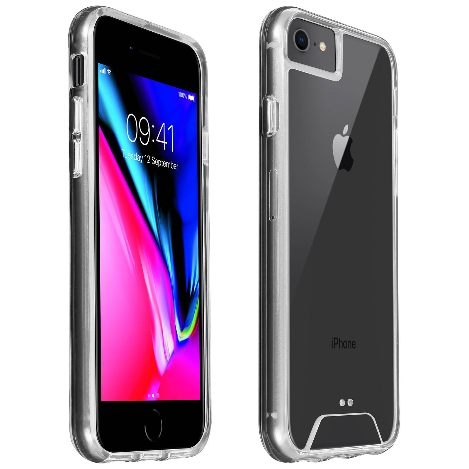 iPhone con custodia trasparente. Il telefono mostra ora e data. La custodia è trasparente con bordi argentati.