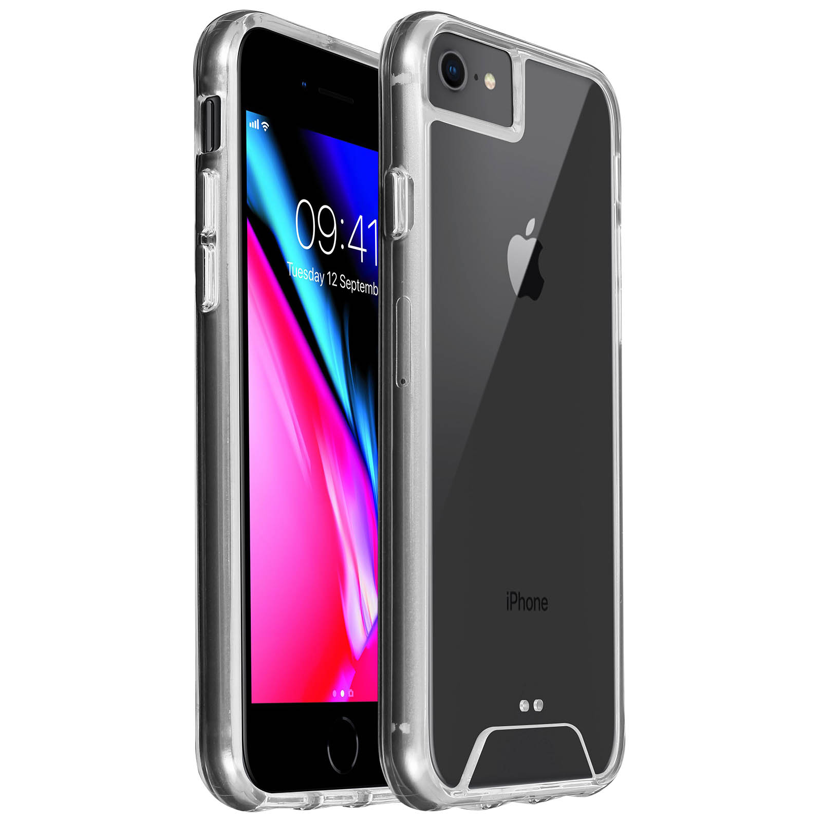Custodia trasparente su iPhone. Telefono mostra ora e data. Custodia trasparente con logo Apple.