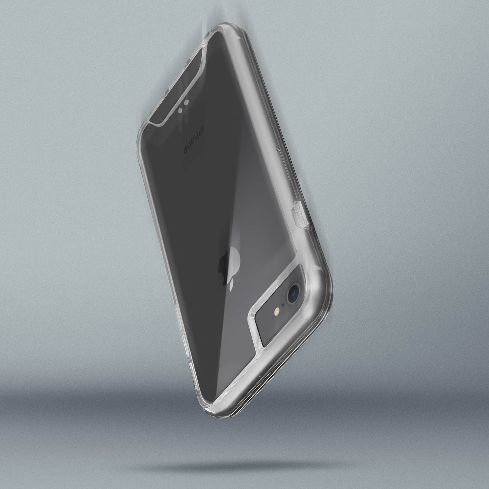 Custodia trasparente per telefono su sfondo grigio. Il telefono è dentro.