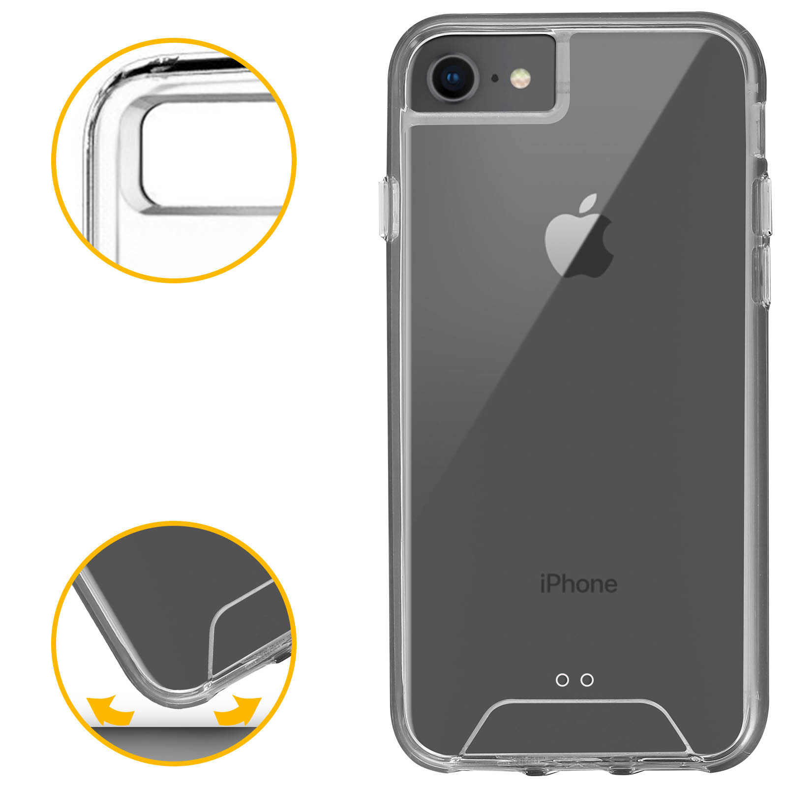 Custodia trasparente per telefono su sfondo bianco con un iPhone visibile. Mostrati i dettagli.