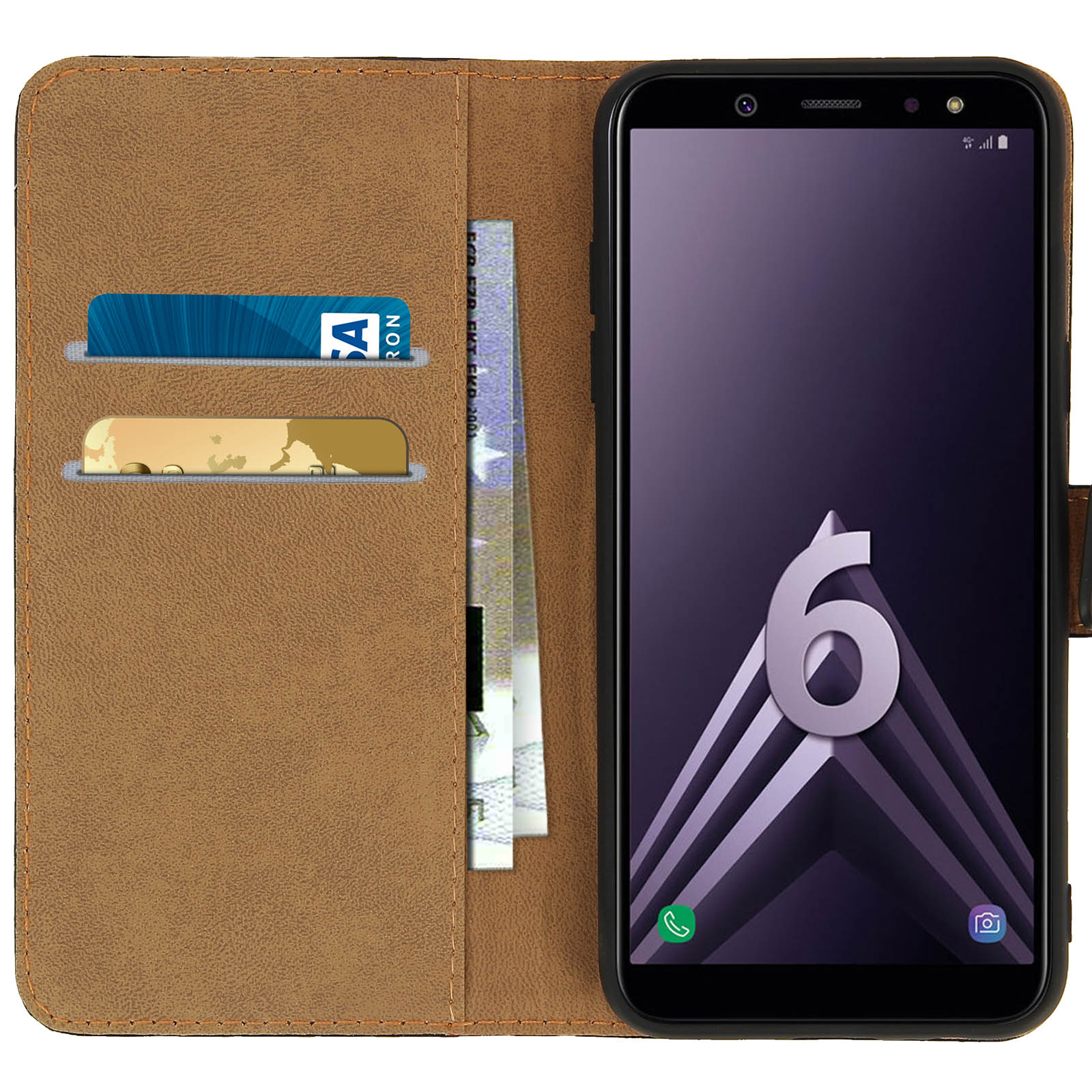 Custodia del telefono aperta, che mostra lo schermo del telefono con una data. Carte e denaro nella custodia.