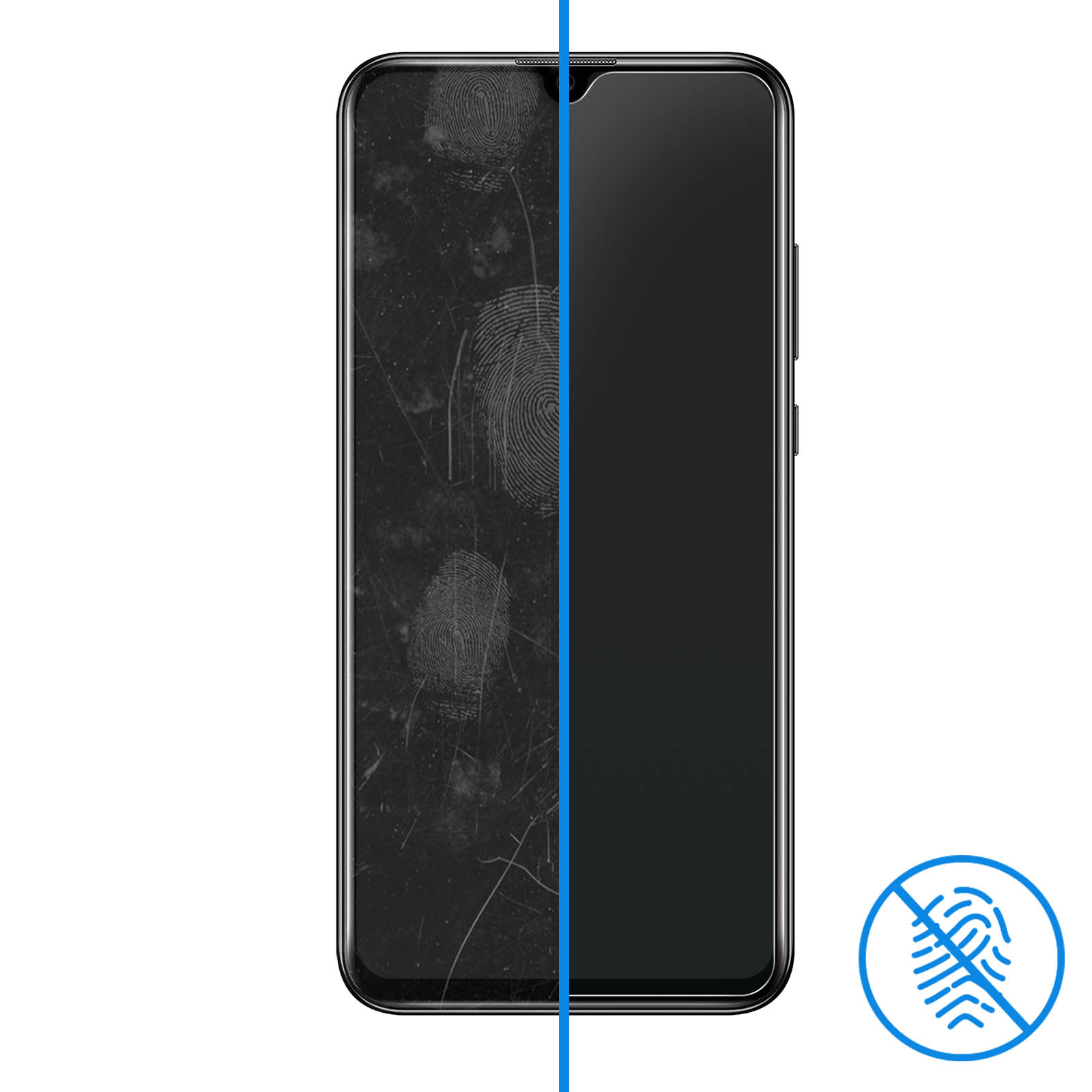 Uno schermo del telefono, per metà coperto di impronte digitali, con un lato pulito e un logo 'niente impronte'.