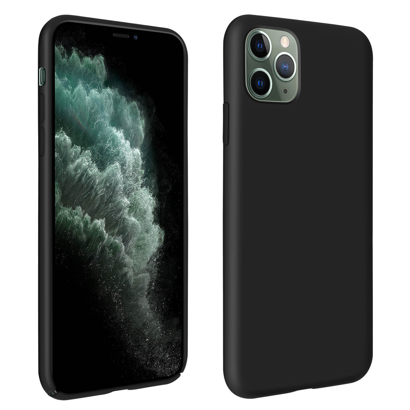 Telefono nero con custodia nera. Tinta verde sullo schermo. Sfondo bianco.