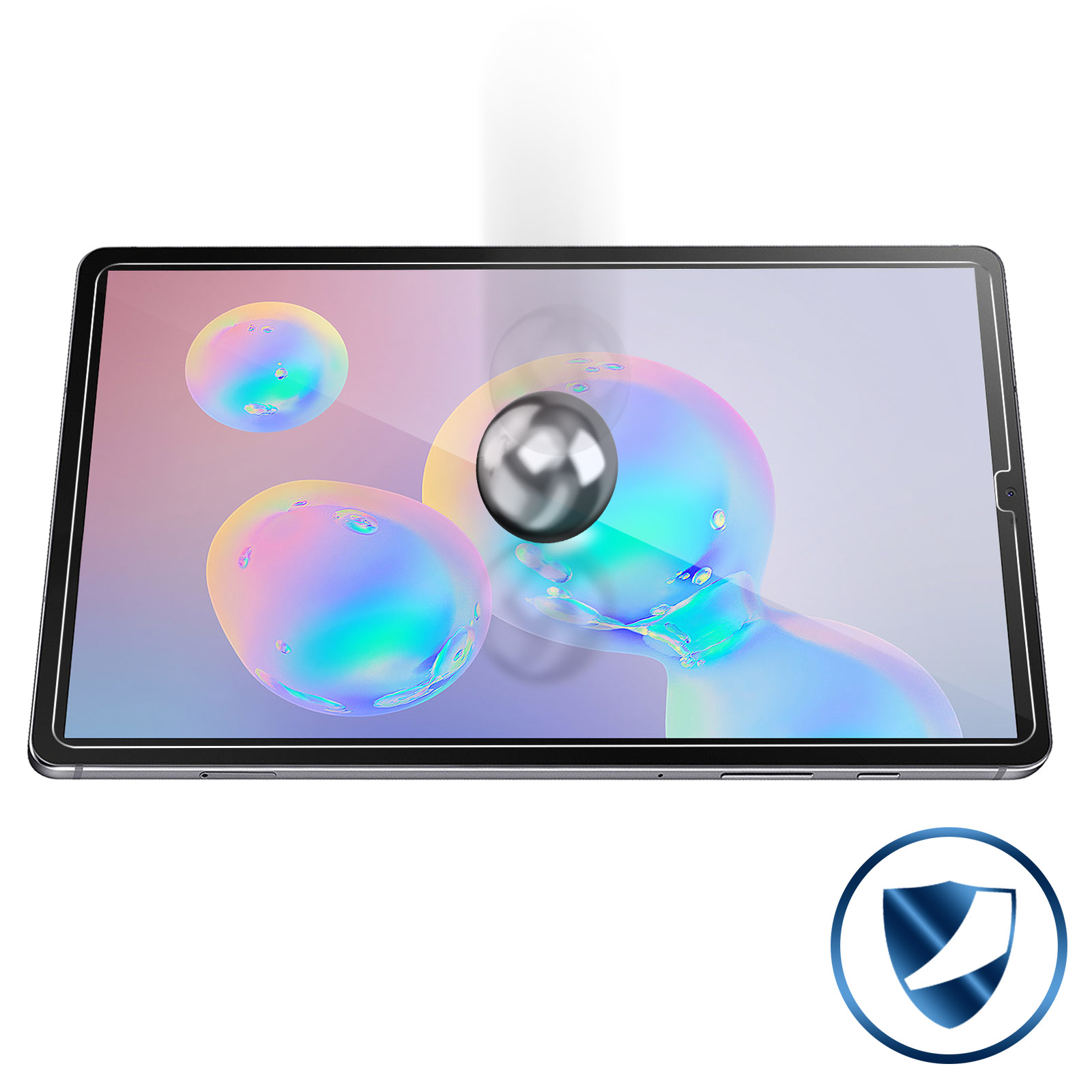 Un tablet con una protezione per lo schermo, con bolle e una sfera d'argento sullo schermo.