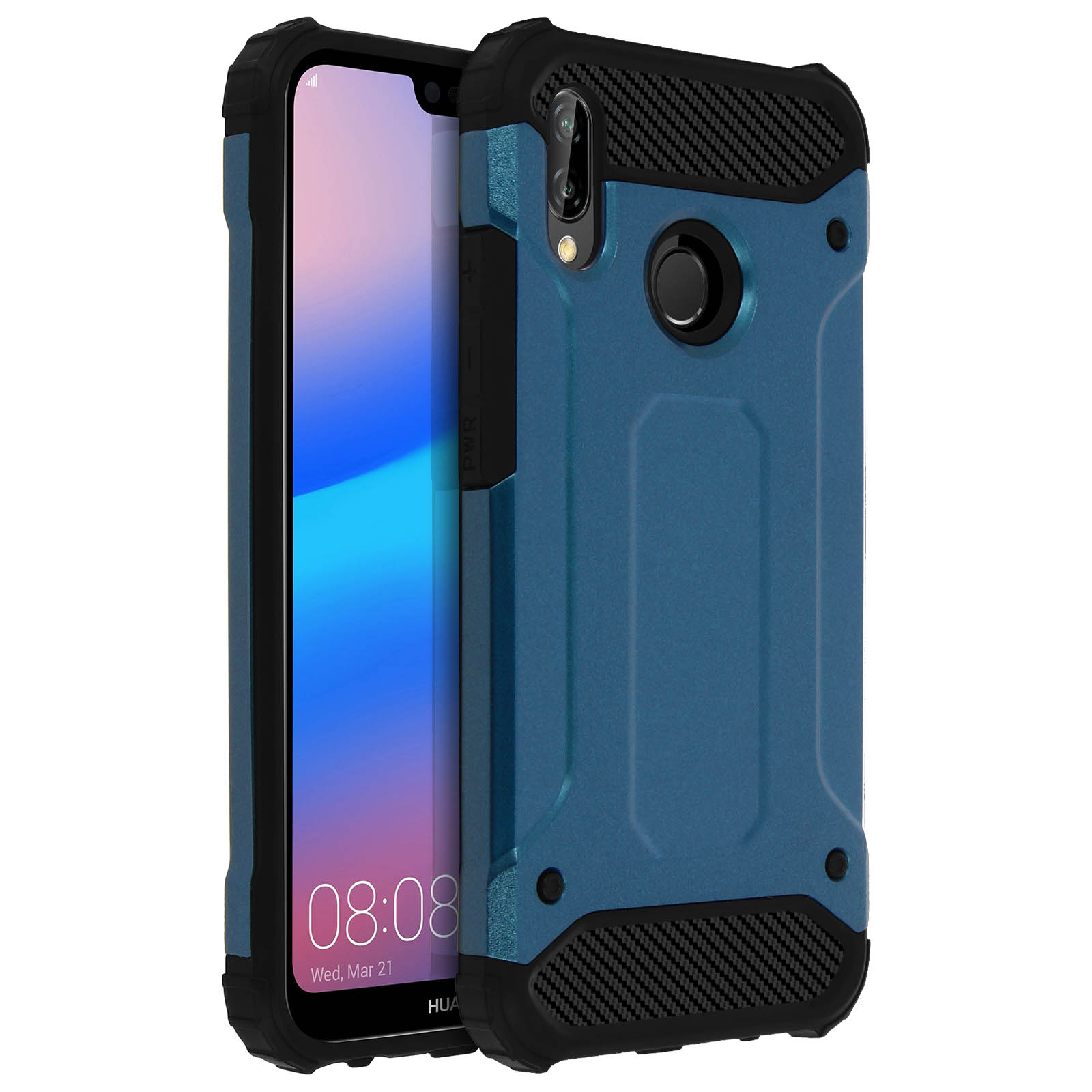 Coque de téléphone bleue et noire avec écran affichant 08:08.