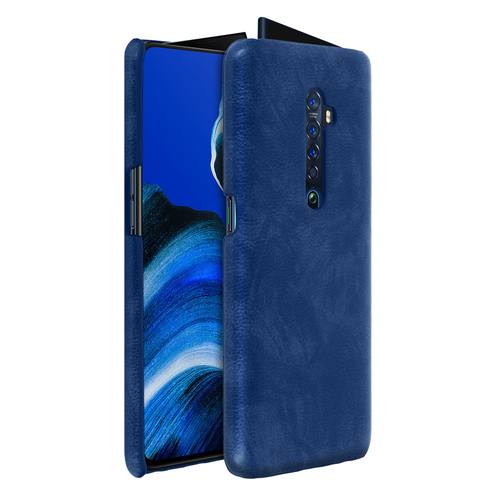 Una custodia blu per telefono con un telefono all'interno. La custodia copre la parte posteriore e i lati del telefono.