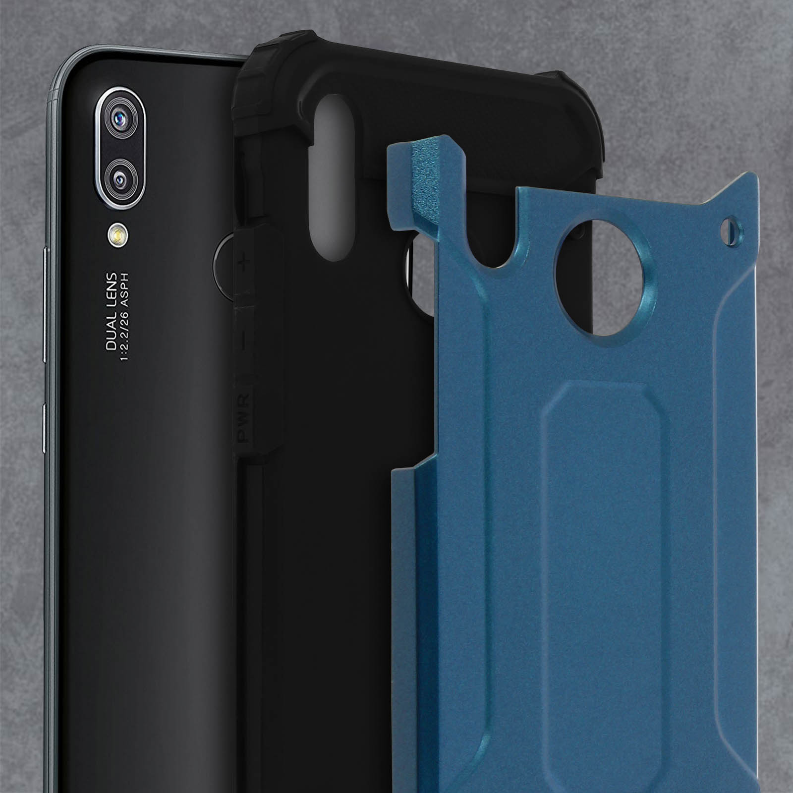 Téléphone noir avec étui de protection bleu. Fond noir et gris.