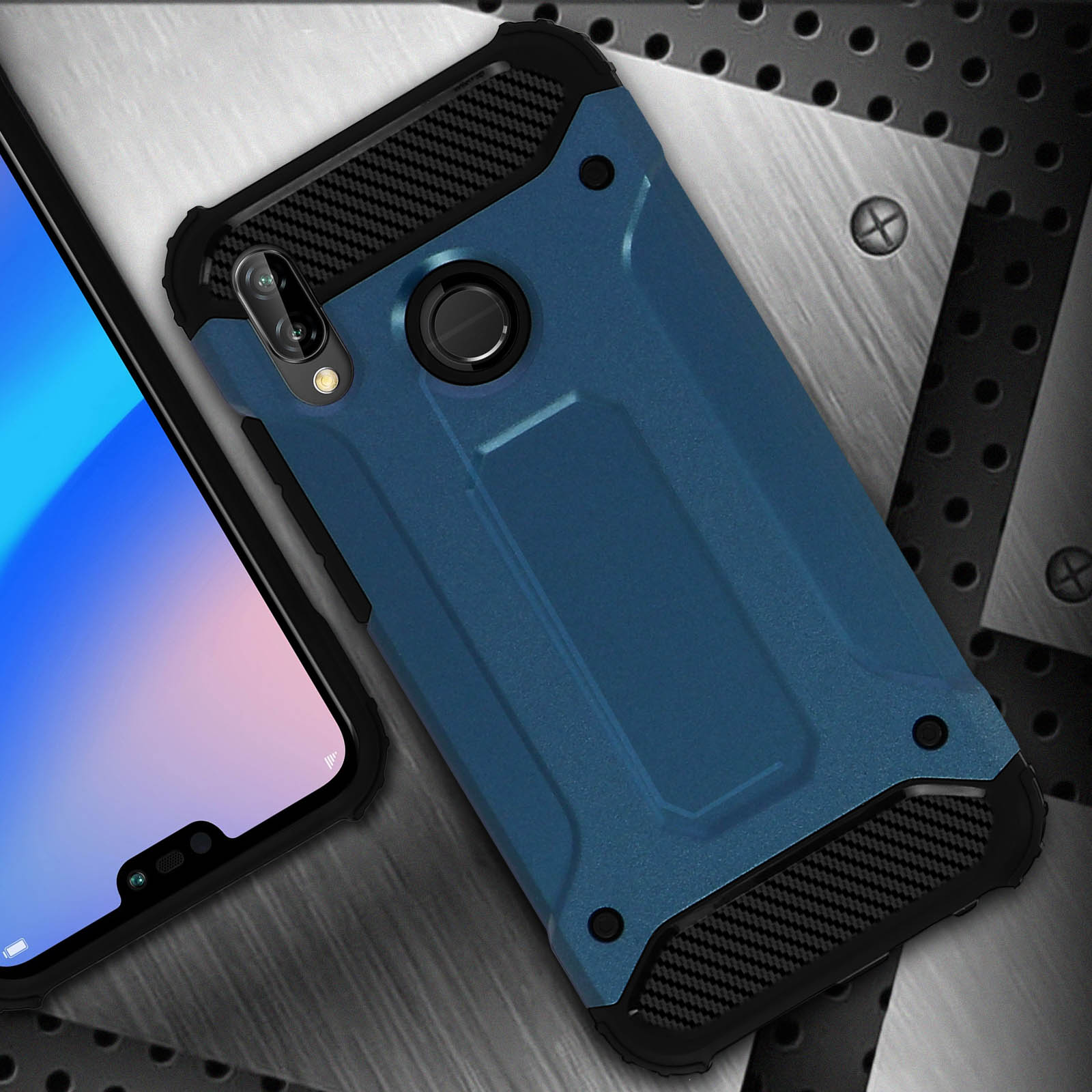 Une coque de téléphone bleue avec des accents noirs et un design texturé sur fond métallique.