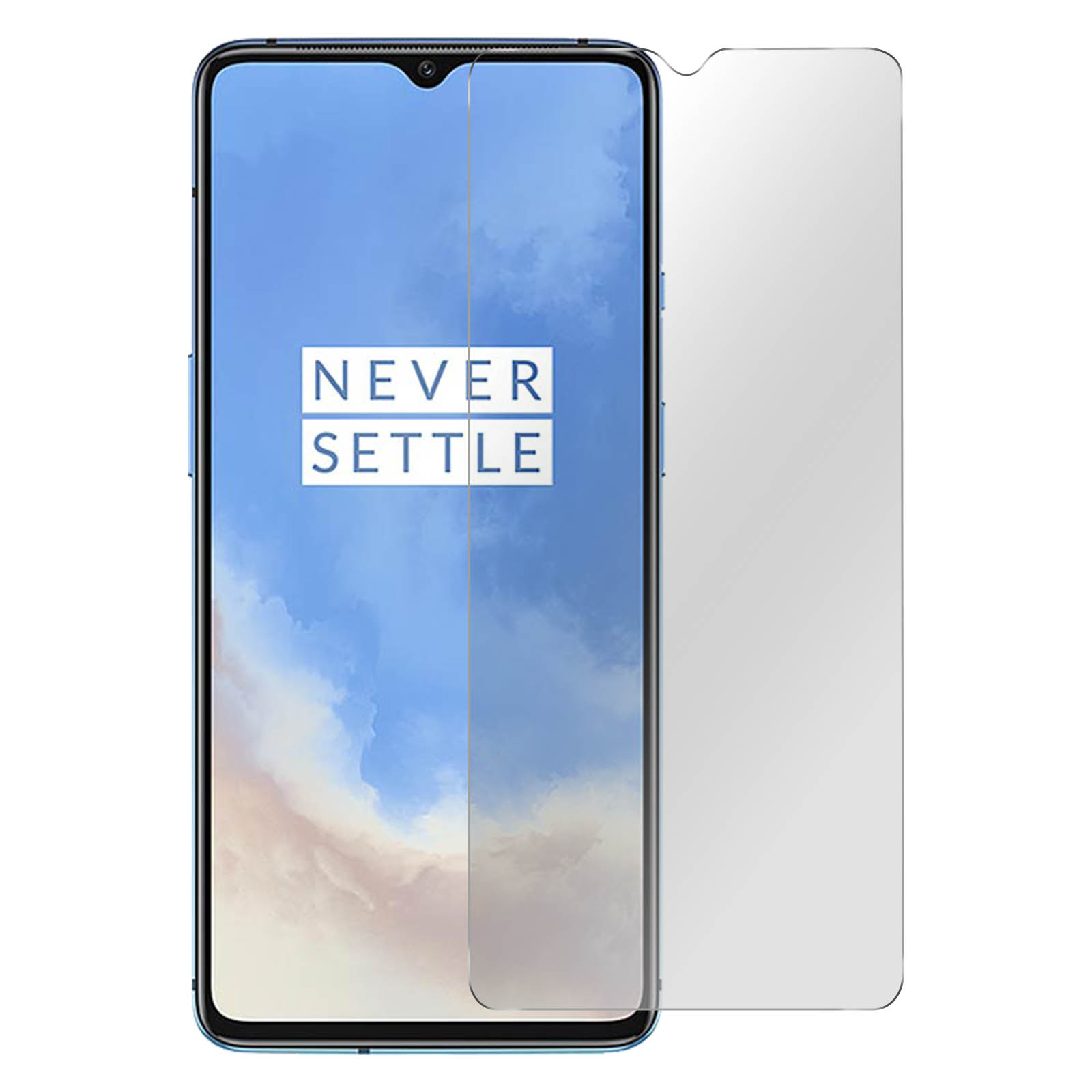 Telefono con protezione schermo applicata, lo schermo dice "NEVER SETTLE".