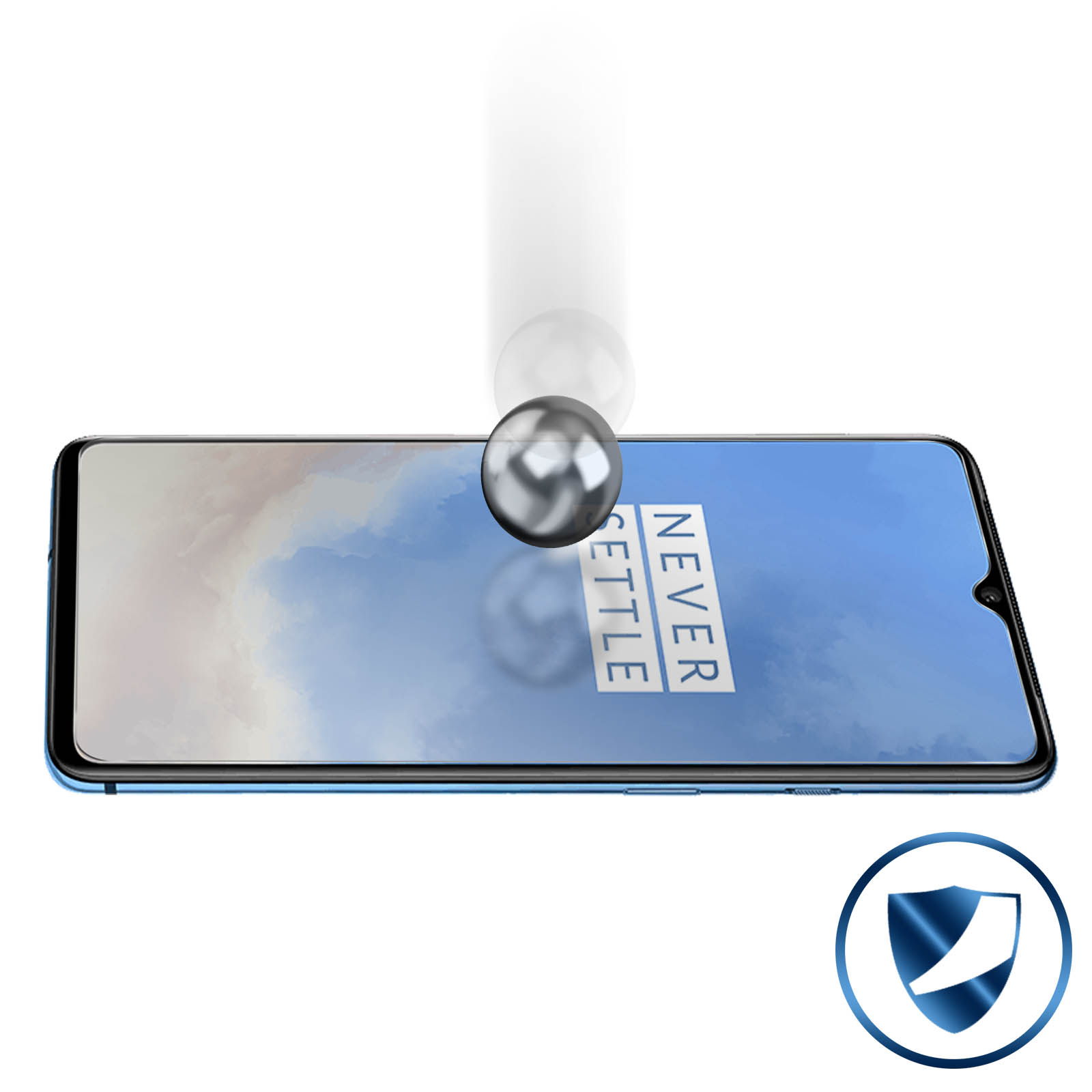 Uno schermo del telefono con una palla d'argento che ci cade sopra. Lo schermo ha un logo e un'icona di scudo protettivo.