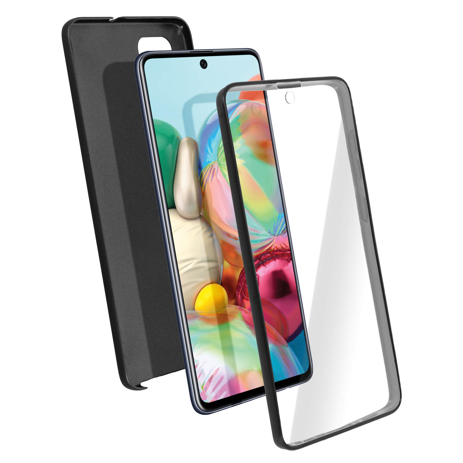Téléphone avec protecteur d'écran, étui et téléphone séparés. Écran avec fond coloré.