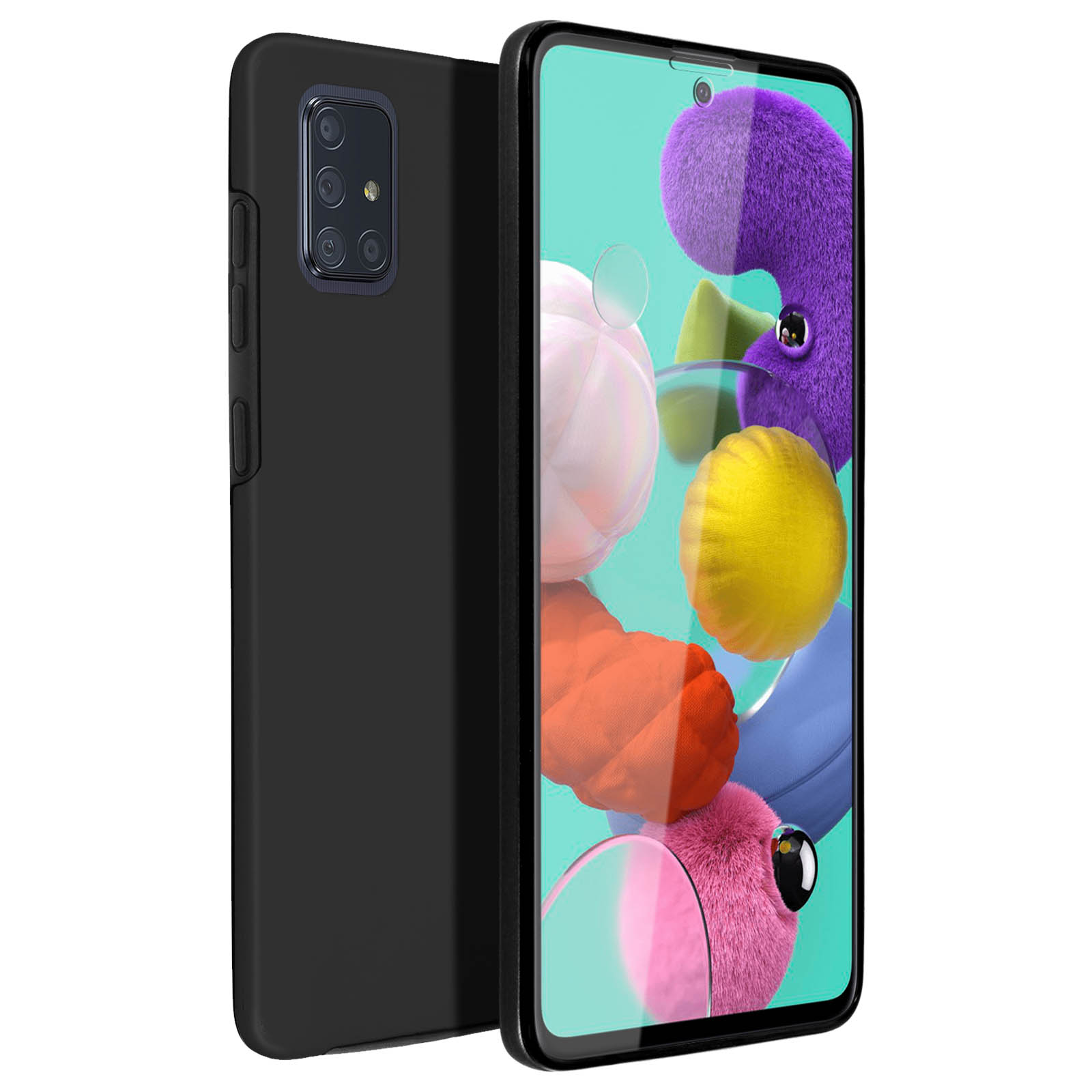 Téléphone noir dans un étui, montrant des personnages de dessins animés colorés à l'écran.