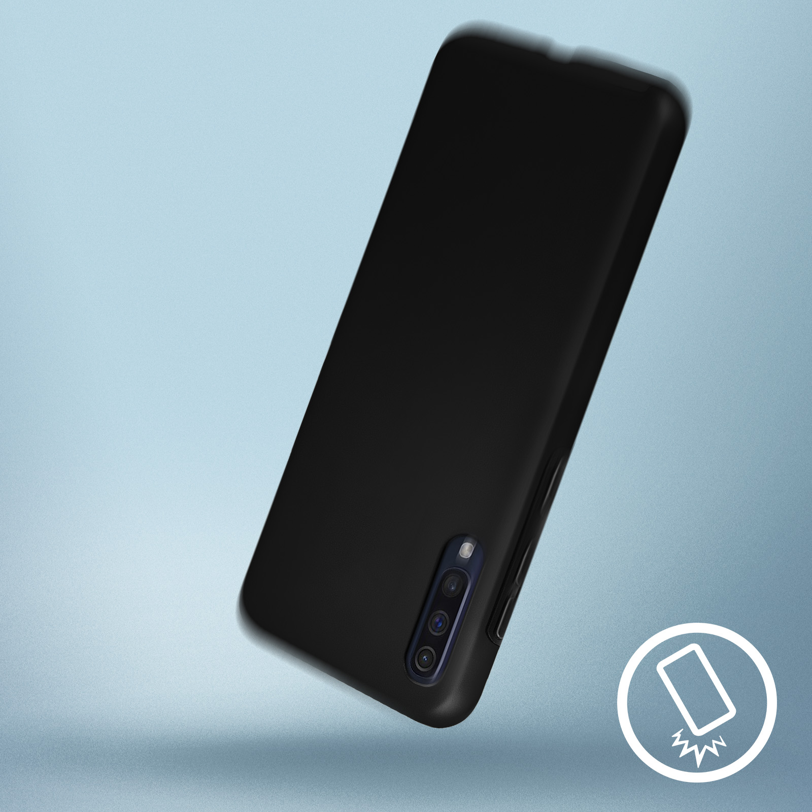Zwarte telefoon die valt. De telefoon heeft een camerasysteem en een telefoonbeschermingspictogram.