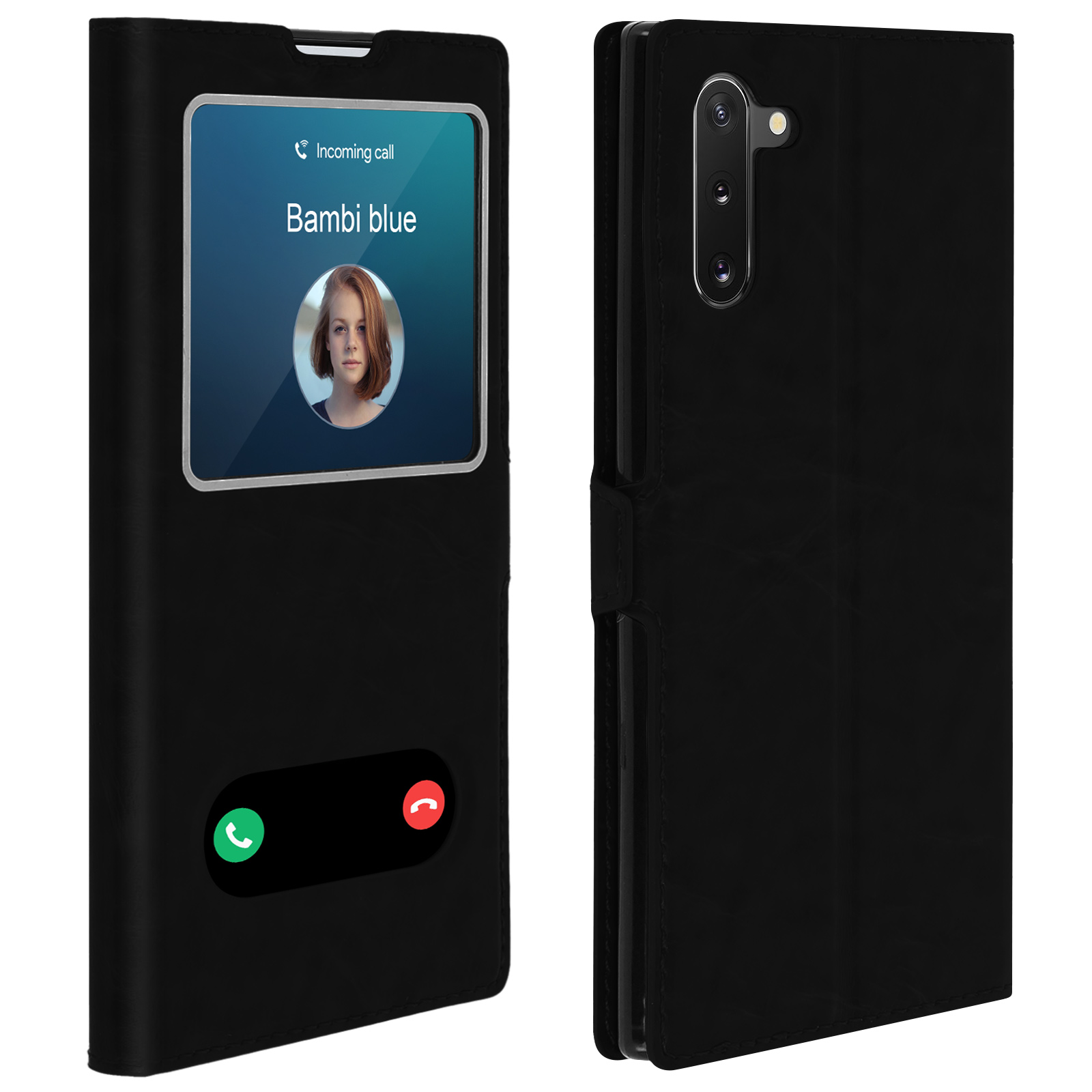 Custodia nera aperta. Mostra un telefono con schermo di chiamata. Tasti accetta/rifiuta.