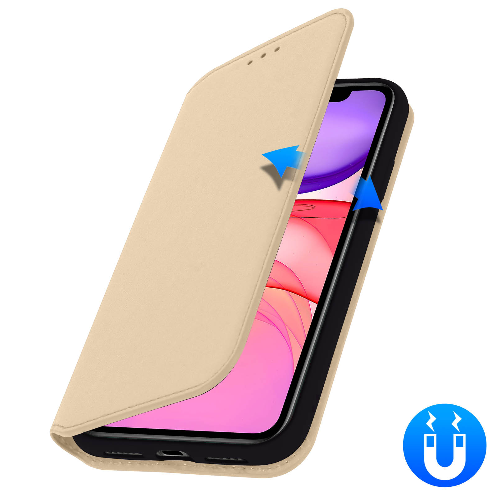 Custodia color cuoio che si apre per rivelare un telefono. Frecce blu e icona calamita visibili.