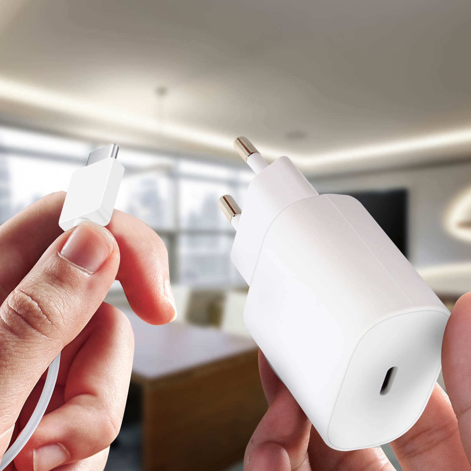 Mains tenant un chargeur blanc et un câble USB-C, avec un arrière-plan flou.